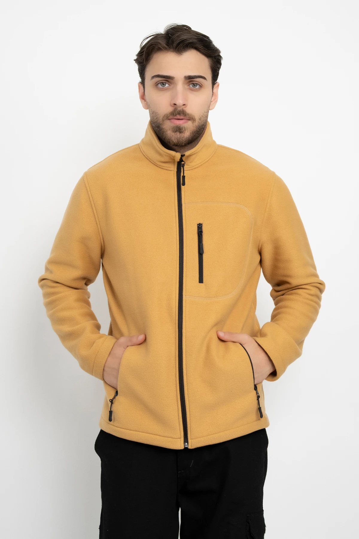 Unisex Traşlanmış Tüylenmez Cepli Polar Ceket Standart Tam Fermuarlı Soğuk Geçirmez Polar Mont