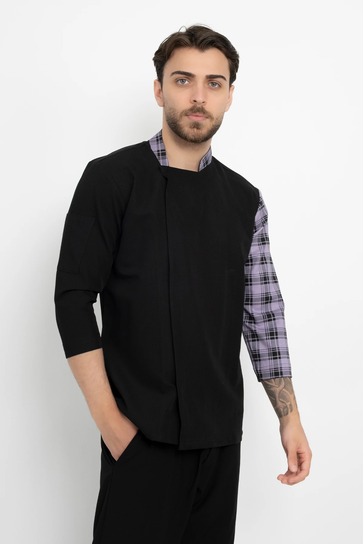 Lila Ekose Desenli Aşçı Şef Ceket Aşçı Uniforma (Chef Ceket) Personel Kıyafeti