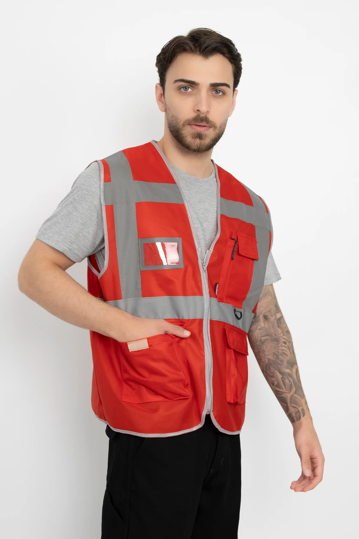 Fosforlu İsimlikli İkaz Yeleği Fermuarlı Kapaklı Cepli (Mühendis Tipi Kalın) Çift Renk Kırmızı