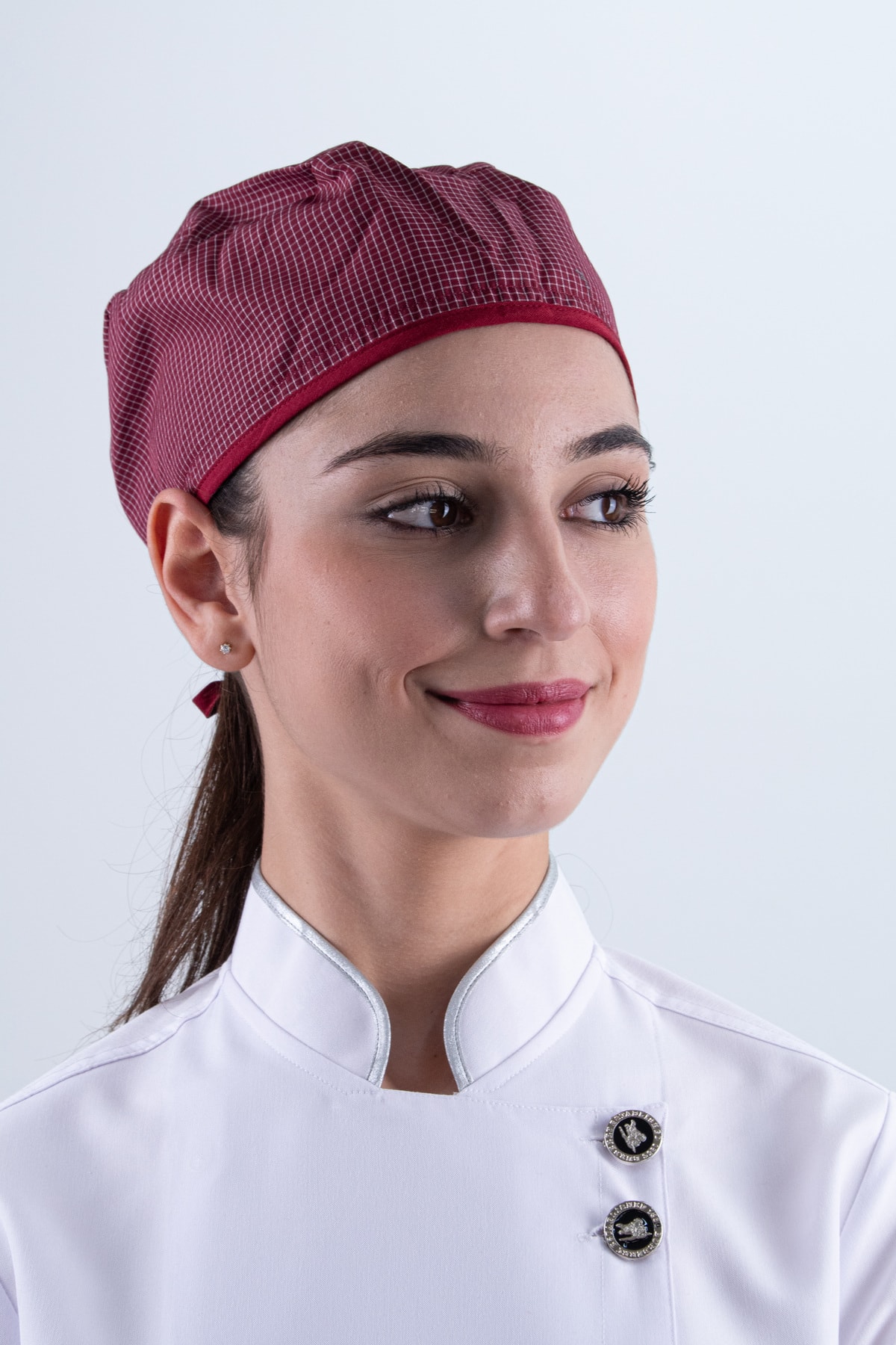 Chef Bone Kep Aşçı Şef Şapkası Kare Desenli Bordo