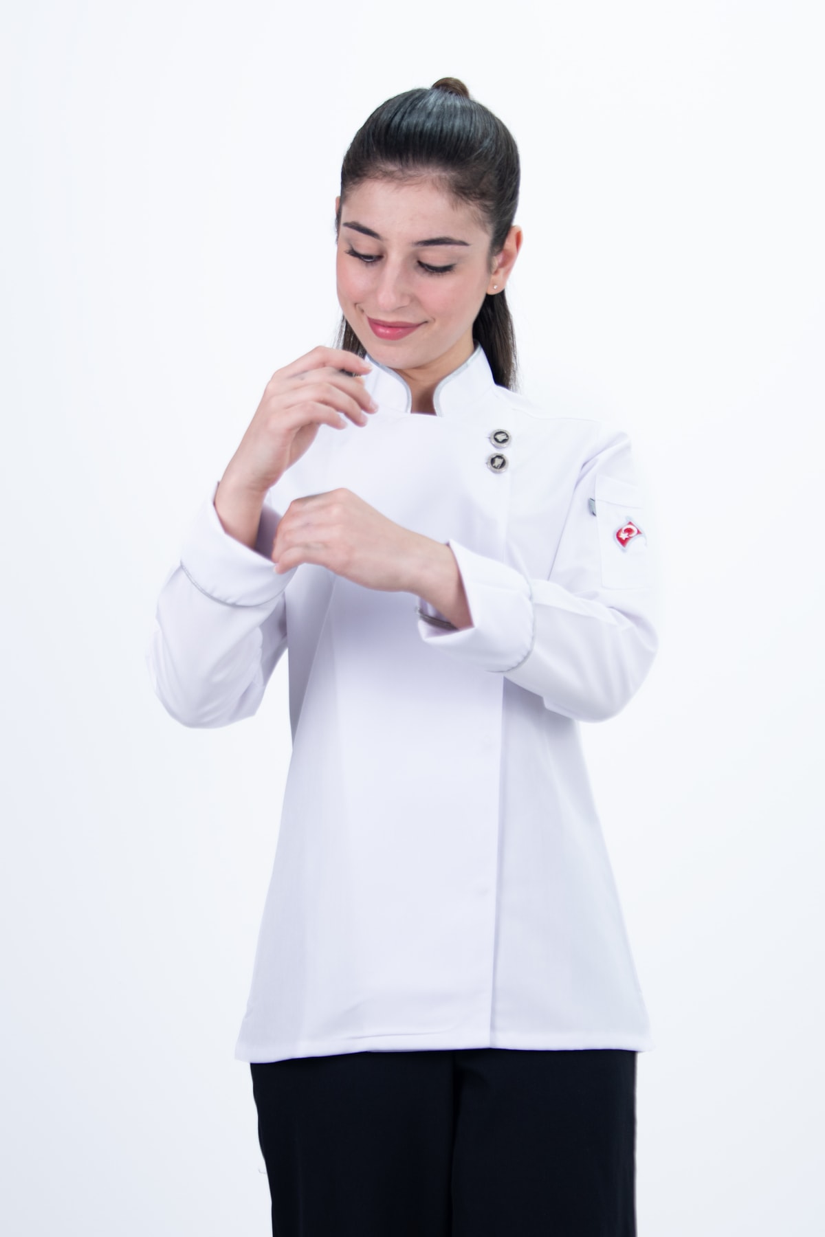 Gri Biyeli Çift Düğmeli Şef Ceket Bayan Aşçı Kıyafeti Chef Aşçı Forması