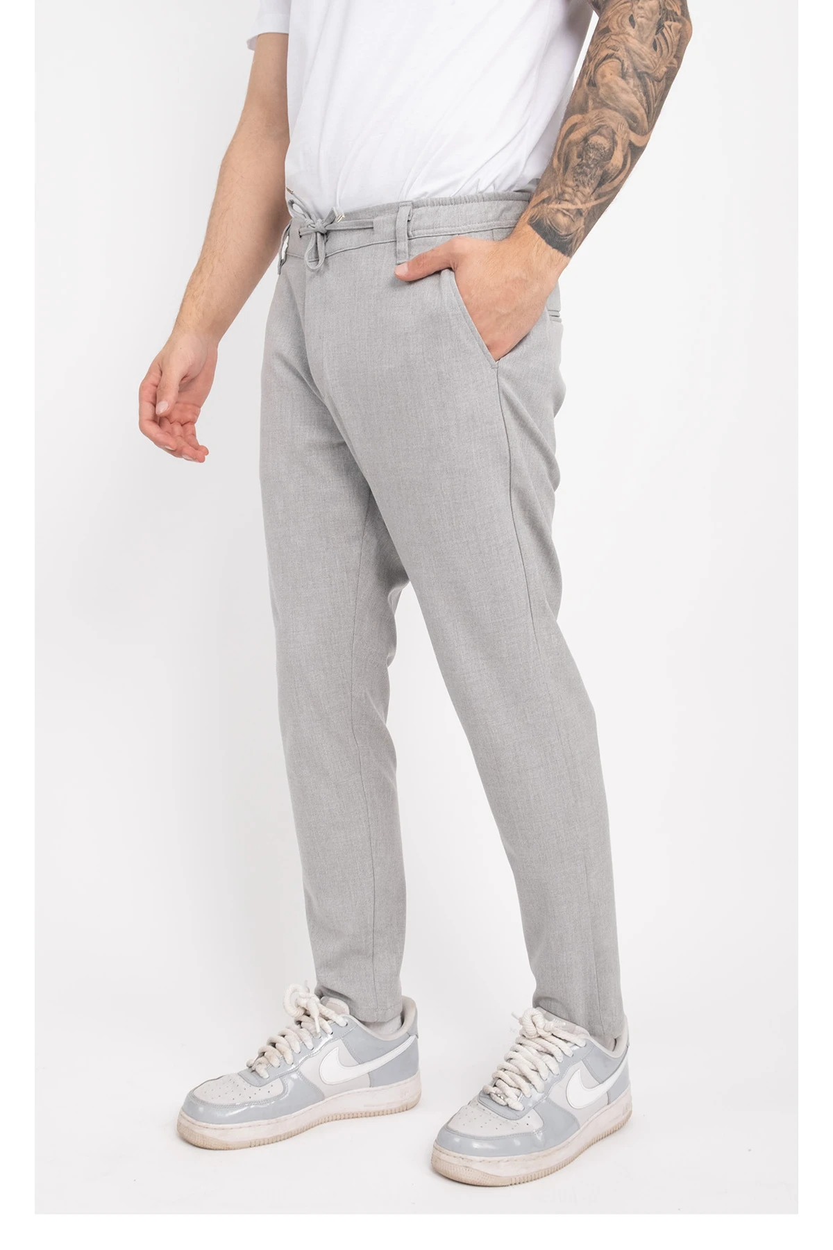 Dar Paça Esnek Likralı Kemerli Cepli Lastikli İpli Düğmeli Pantolon İş Pantolonu