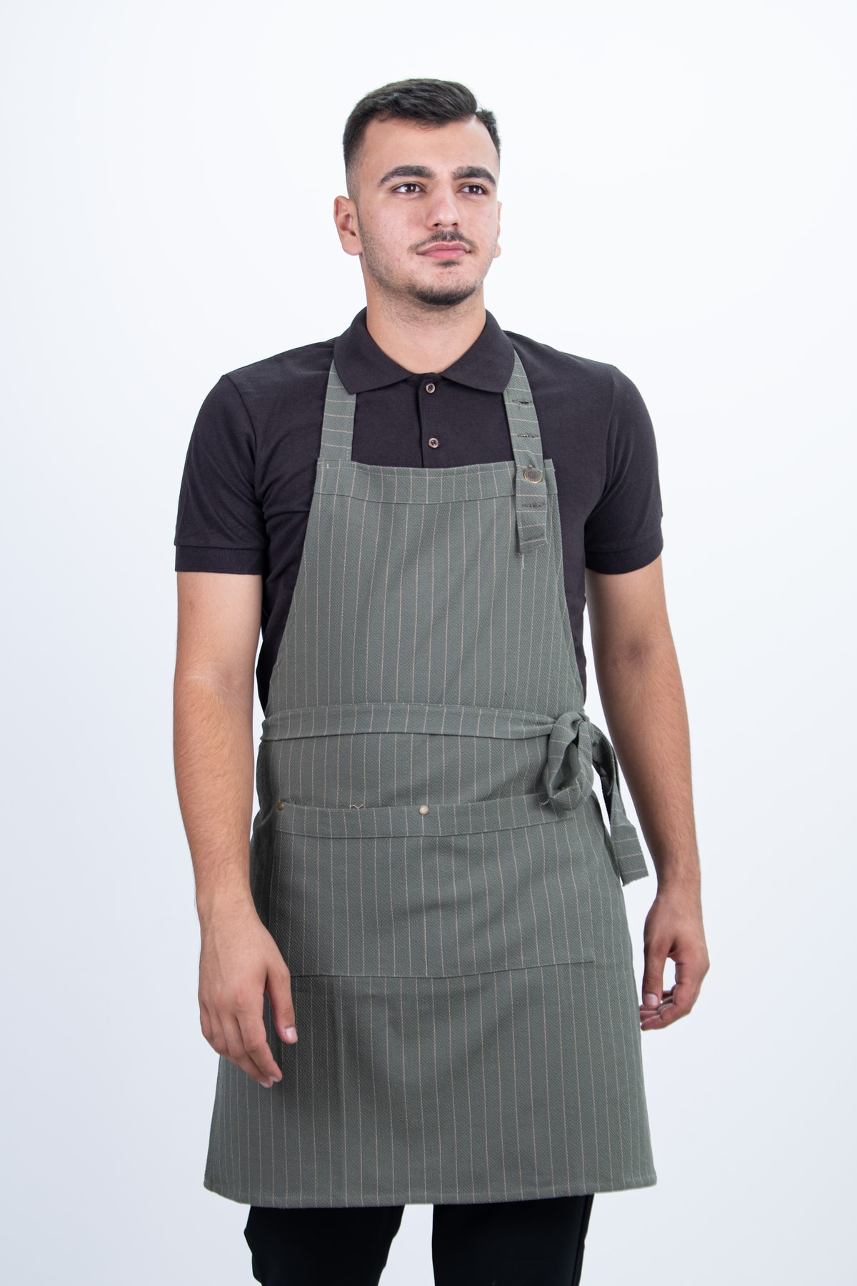 Çizgili Unisex Düğmeli Ayarlanabilir Cepli Önlük