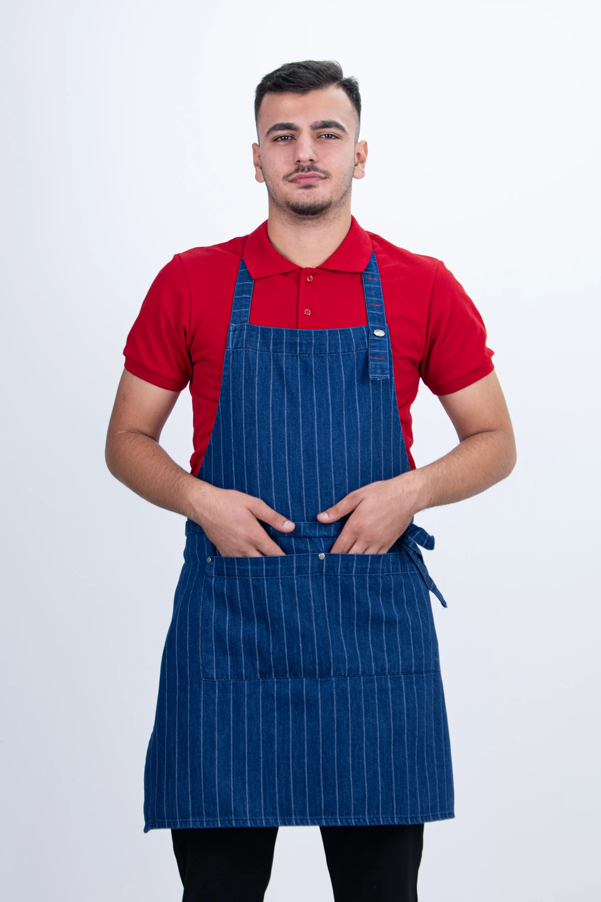 Çizgili Kot Cepli Ayarlanabilir 2 Parça Düğmeli Arkadan Bağcıklı Önlük