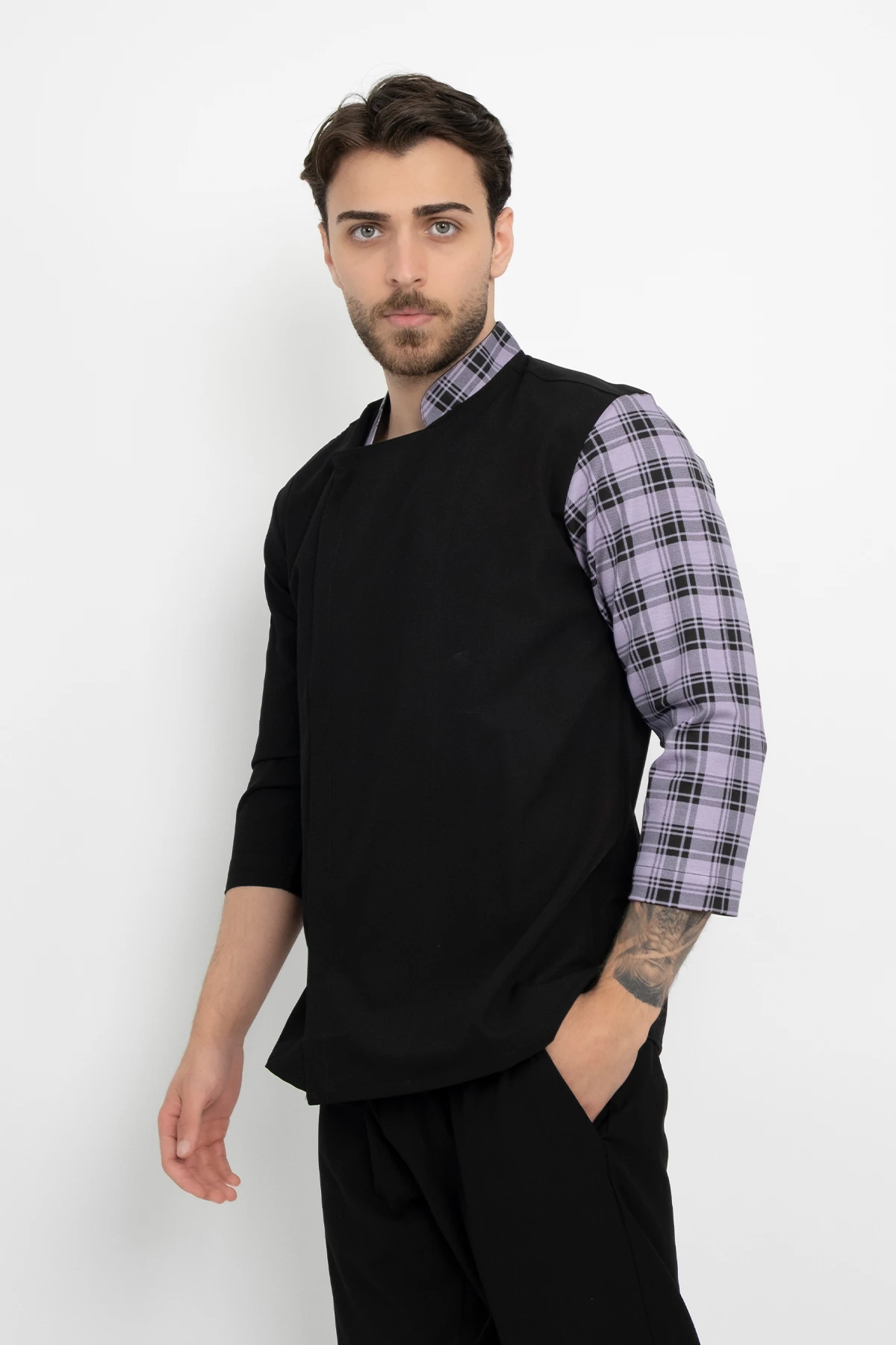 Lila Ekose Desenli Aşçı Şef Ceket Aşçı Uniforma (Chef Ceket) Personel Kıyafeti