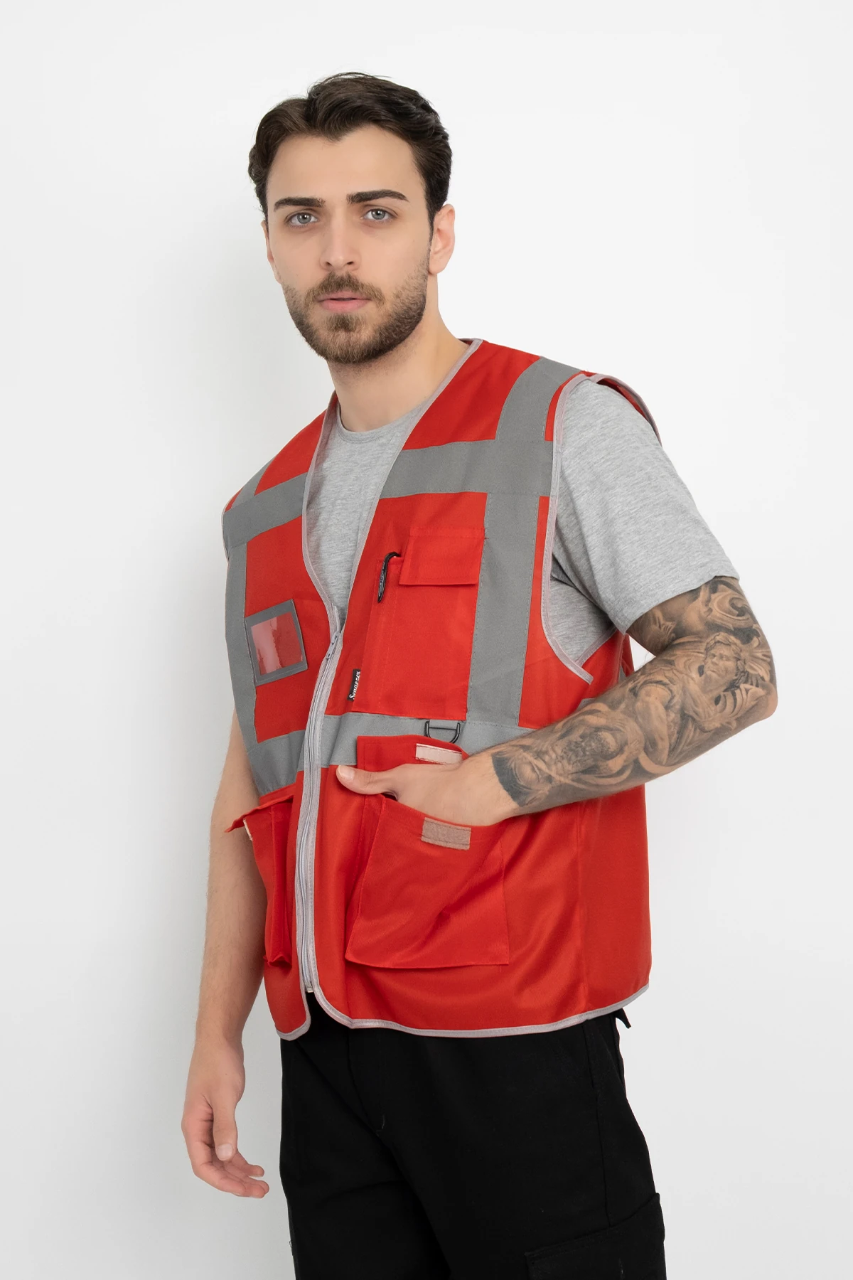 Fosforlu İsimlikli İkaz Yeleği Fermuarlı Kapaklı Cepli (Mühendis Tipi Kalın) Çift Renk Kırmızı