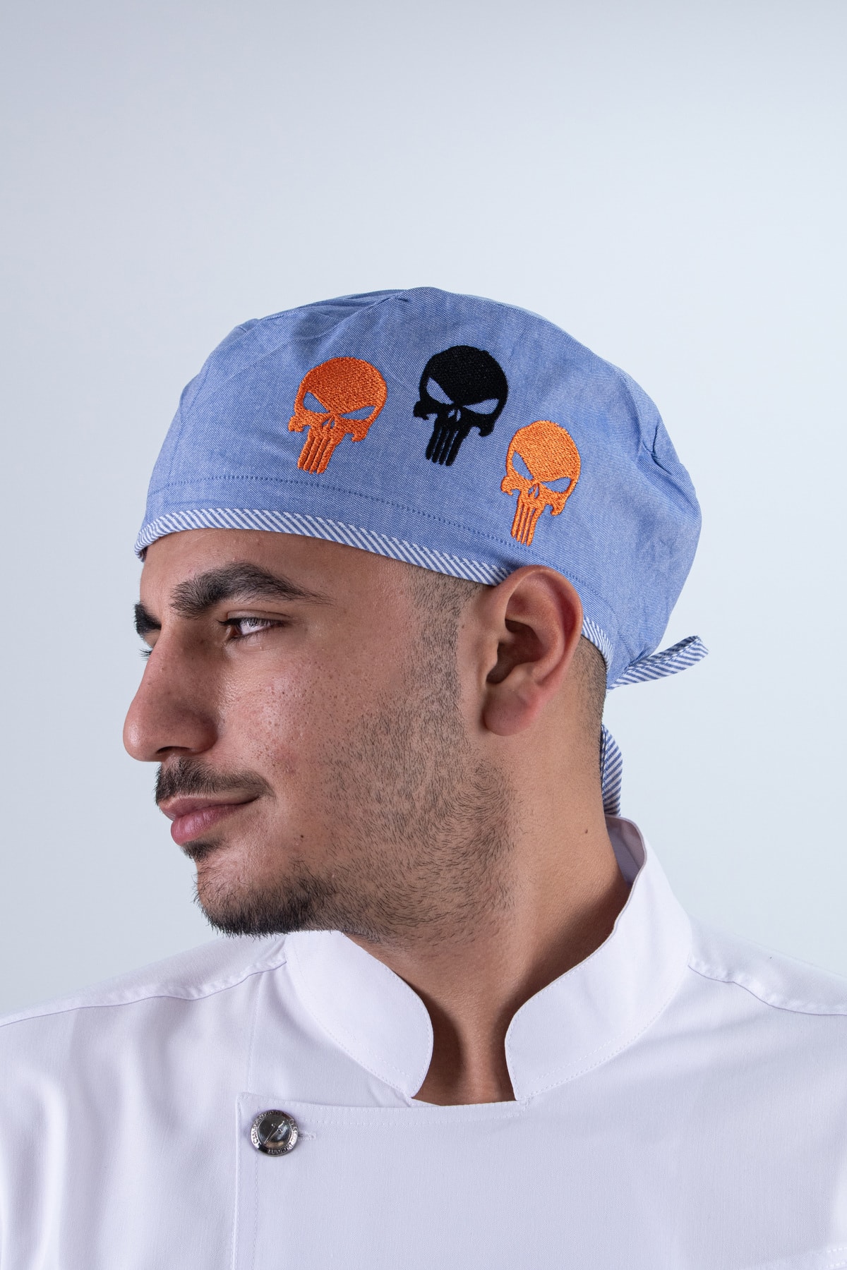 Chef Bone Kep Aşçı Şef Şapkası Kuru Kafa Desenli Mavi