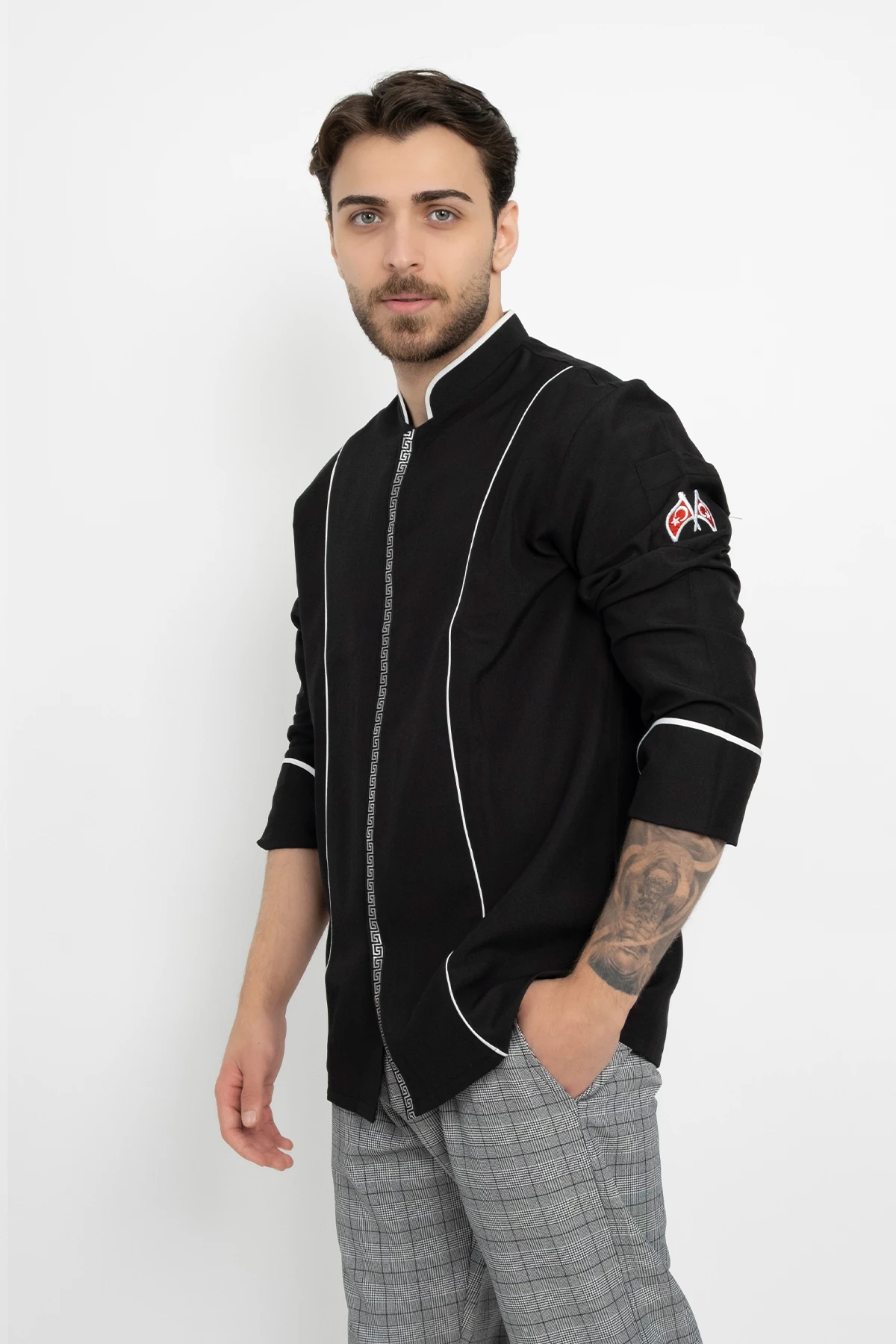 Önü Garnili Şerit Detaylı Aşçı Şef Gömlek Aşçı Uniforma (Chef Gömlek) Personel Kıyafeti