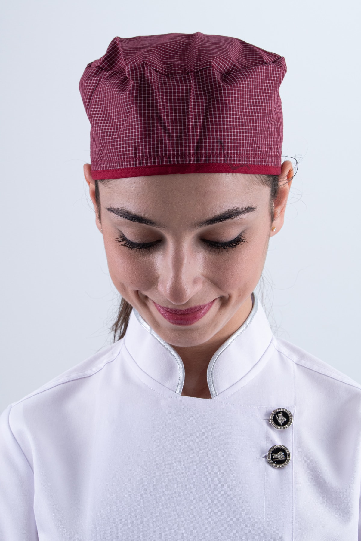 Chef Bone Kep Aşçı Şef Şapkası Kare Desenli Bordo