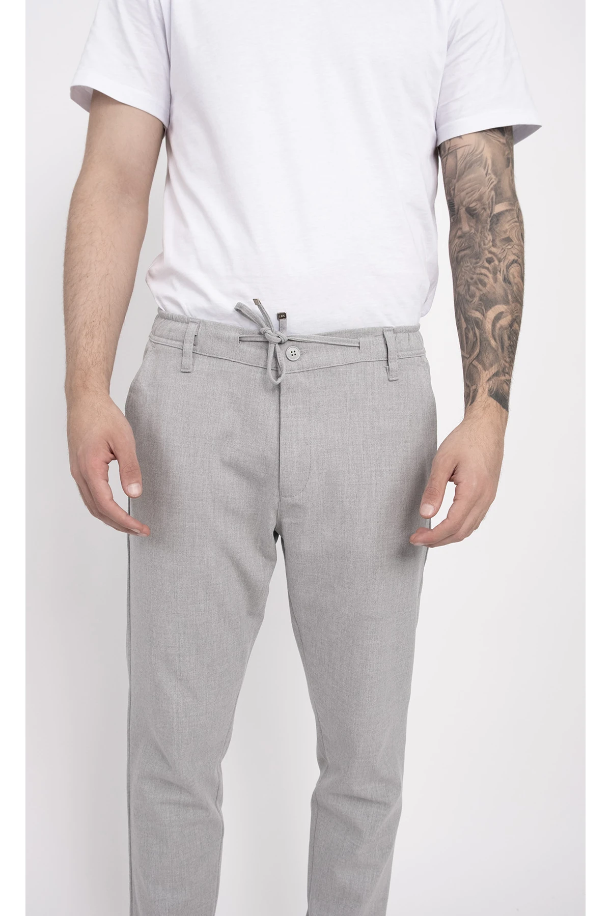 Dar Paça Esnek Likralı Kemerli Cepli Lastikli İpli Düğmeli Pantolon İş Pantolonu