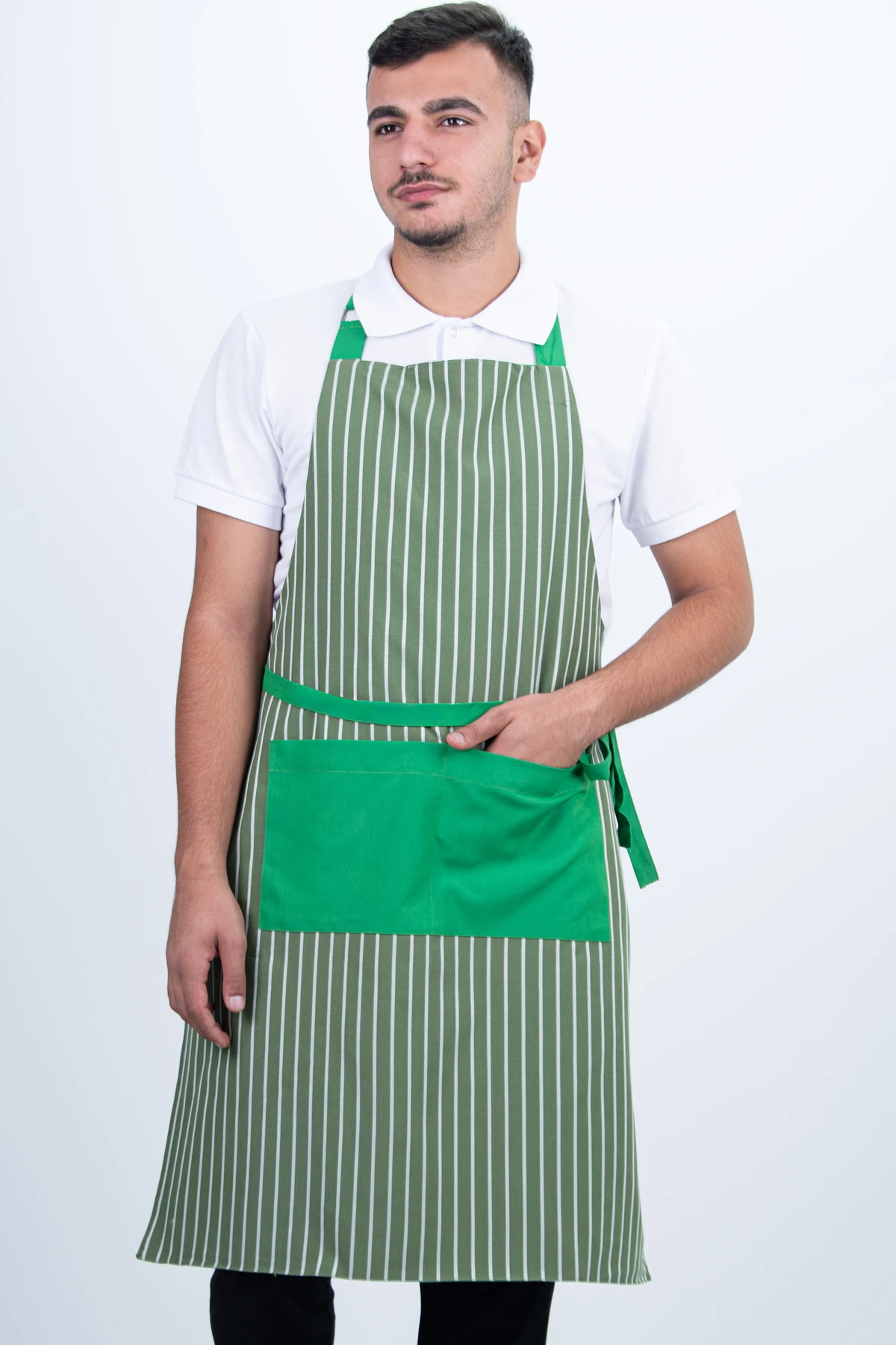 Çizgili Unisex Boydan Ayarlanabilir Cepli Önlük