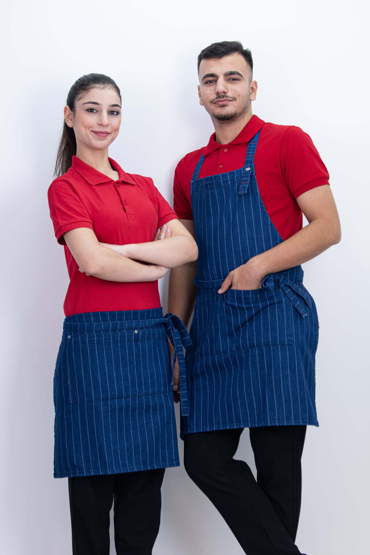 Çizgili Kot Cepli Ayarlanabilir 2 Parça Düğmeli Arkadan Bağcıklı Önlük