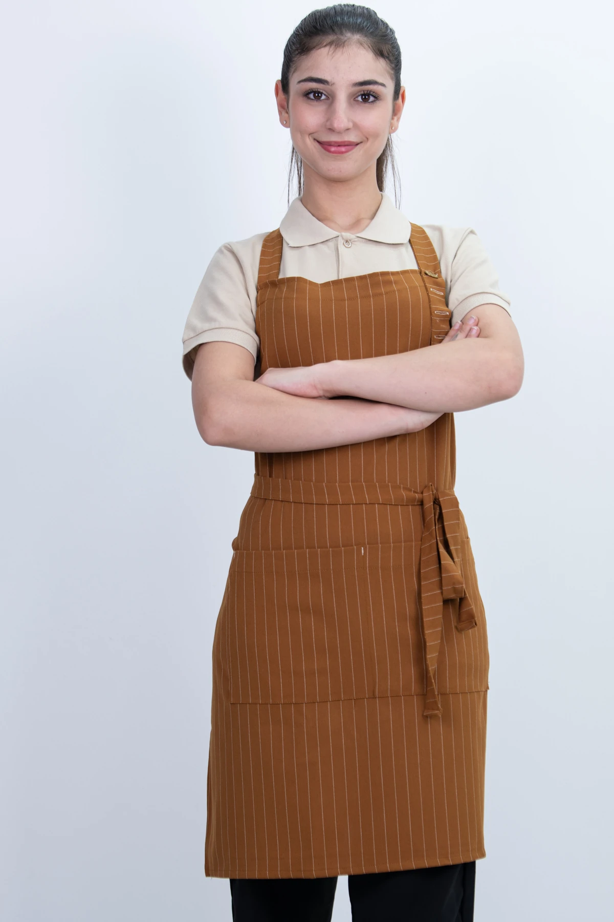 Çizgili Düğmeli Arkadan Ayarlanabilir Cepli Önlük