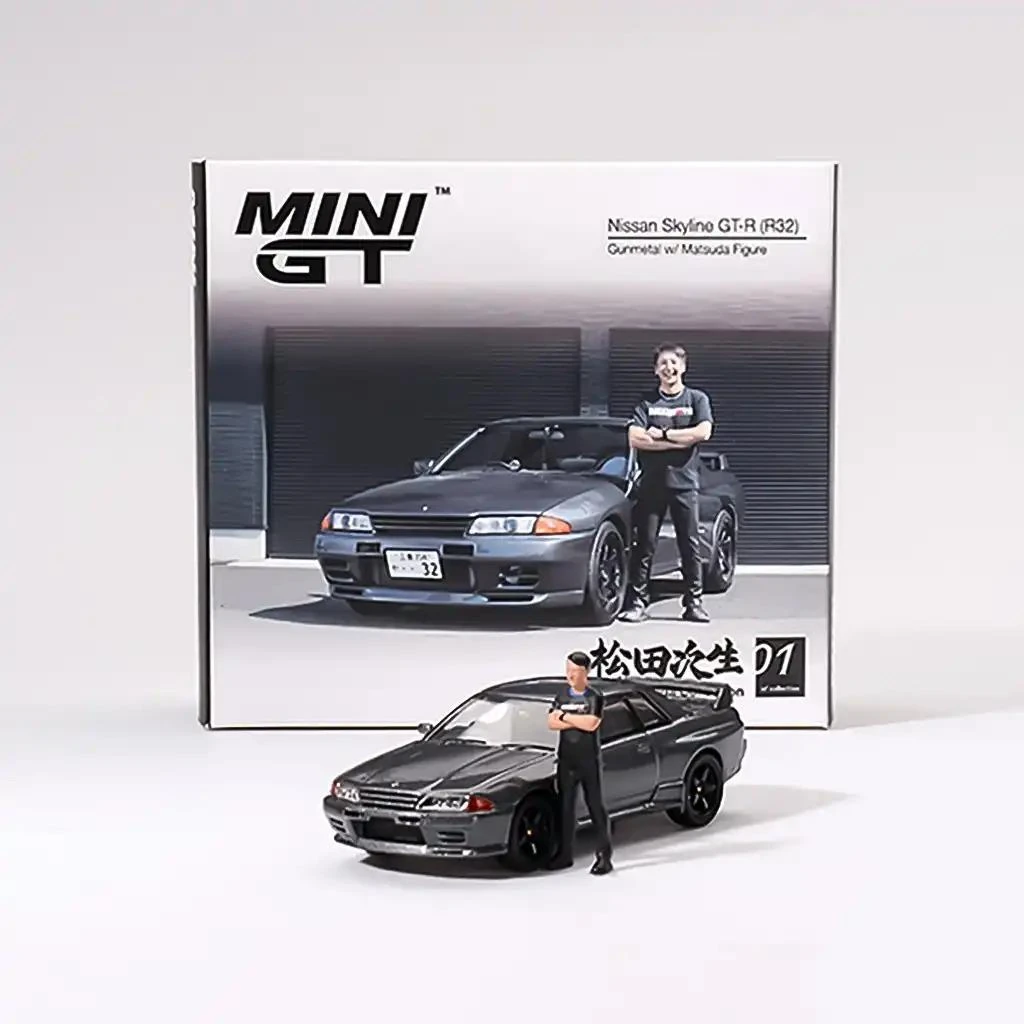 Mini GT 1/64 Nissan Skyline GT-R (R32) Gunmetal W/ Matsuda Figure