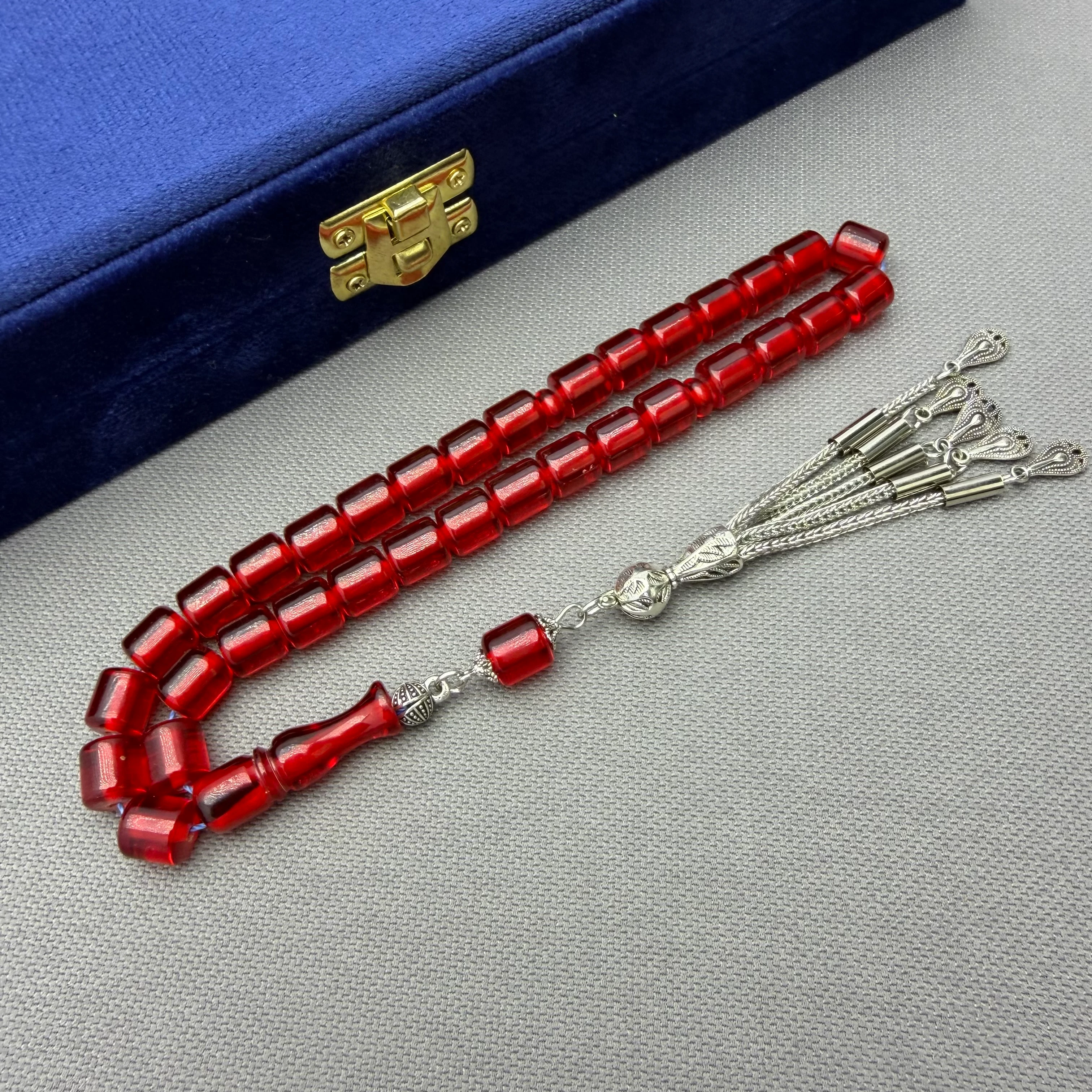 Alpaka Püsküllü Beş Sallantılı Kırmızı Kapsül Kesim Ateş Kehribar Tespih