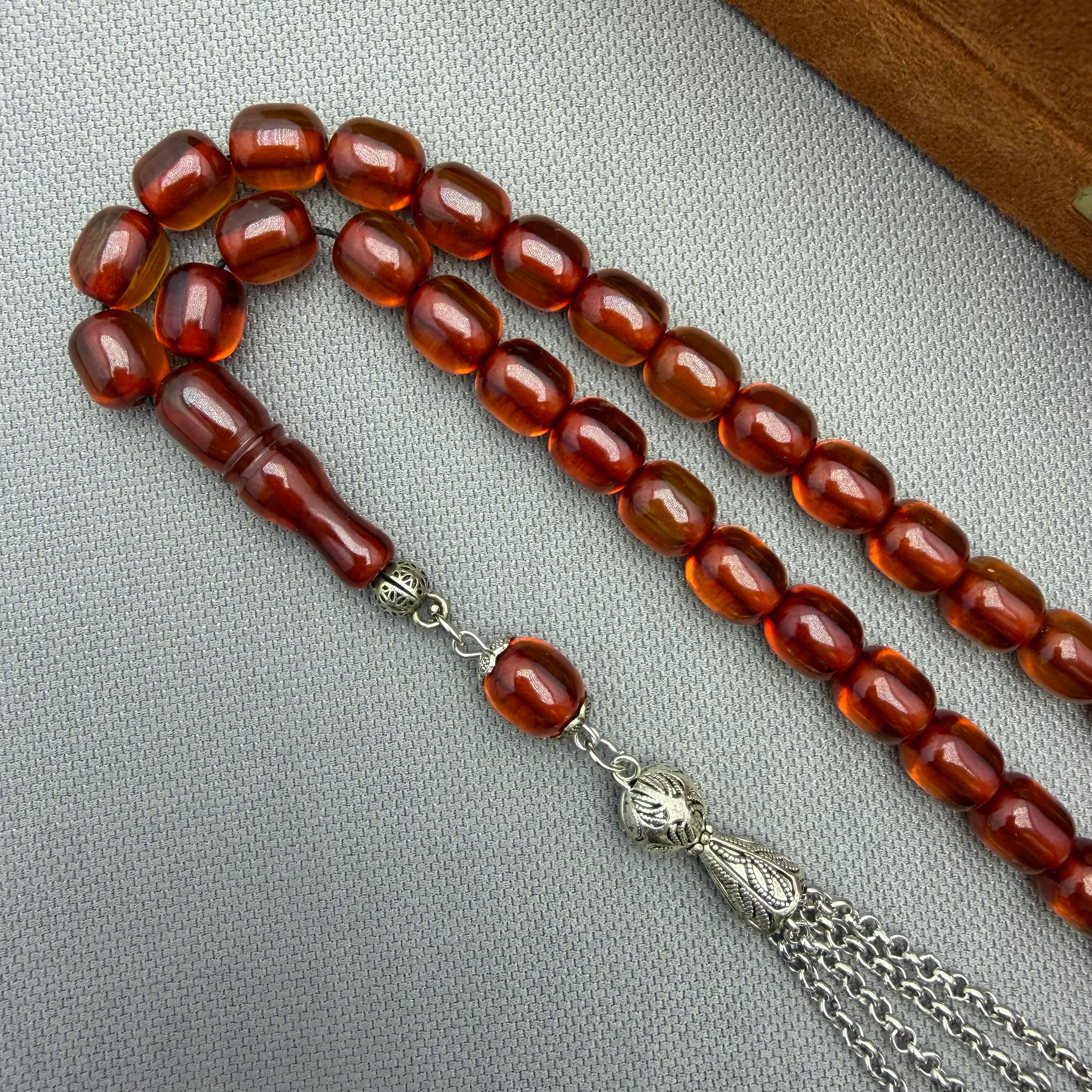 Dört Sallantılı Alpaka Püsküllü Bal Rengi Ateş Kehribar Tespih