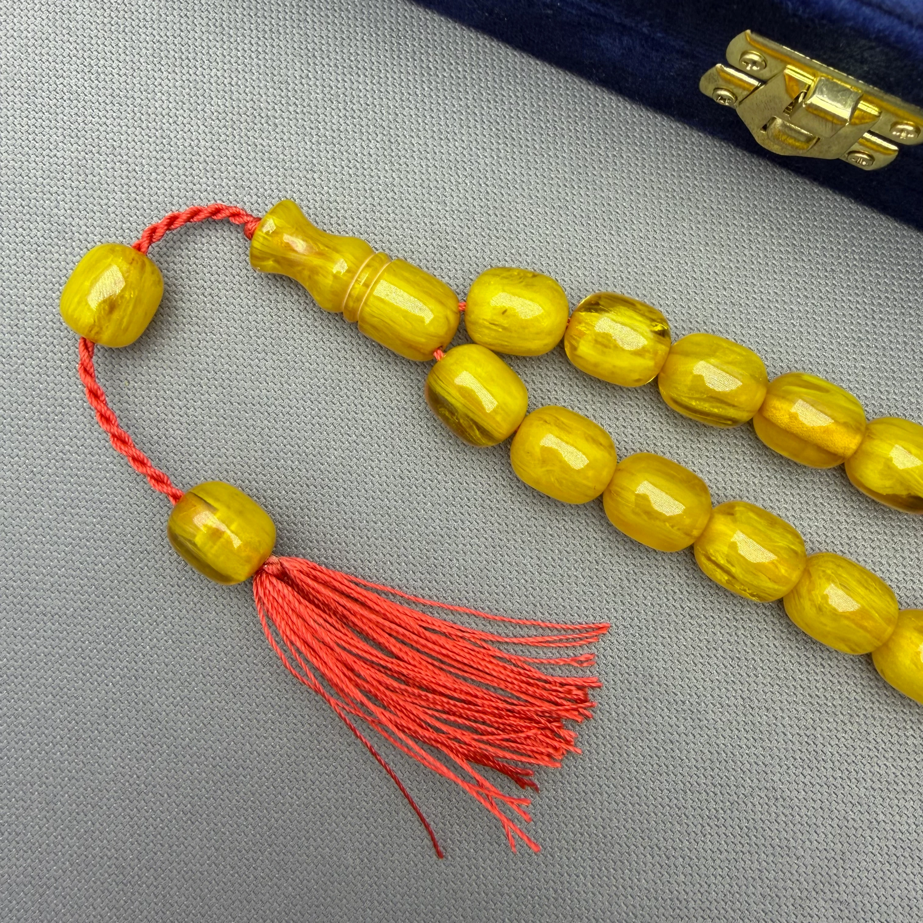 Usta İşçilikli Sistem Püsküllü Sarı Dik Damar Hareli Alman Sıkma Kehribar Tespih