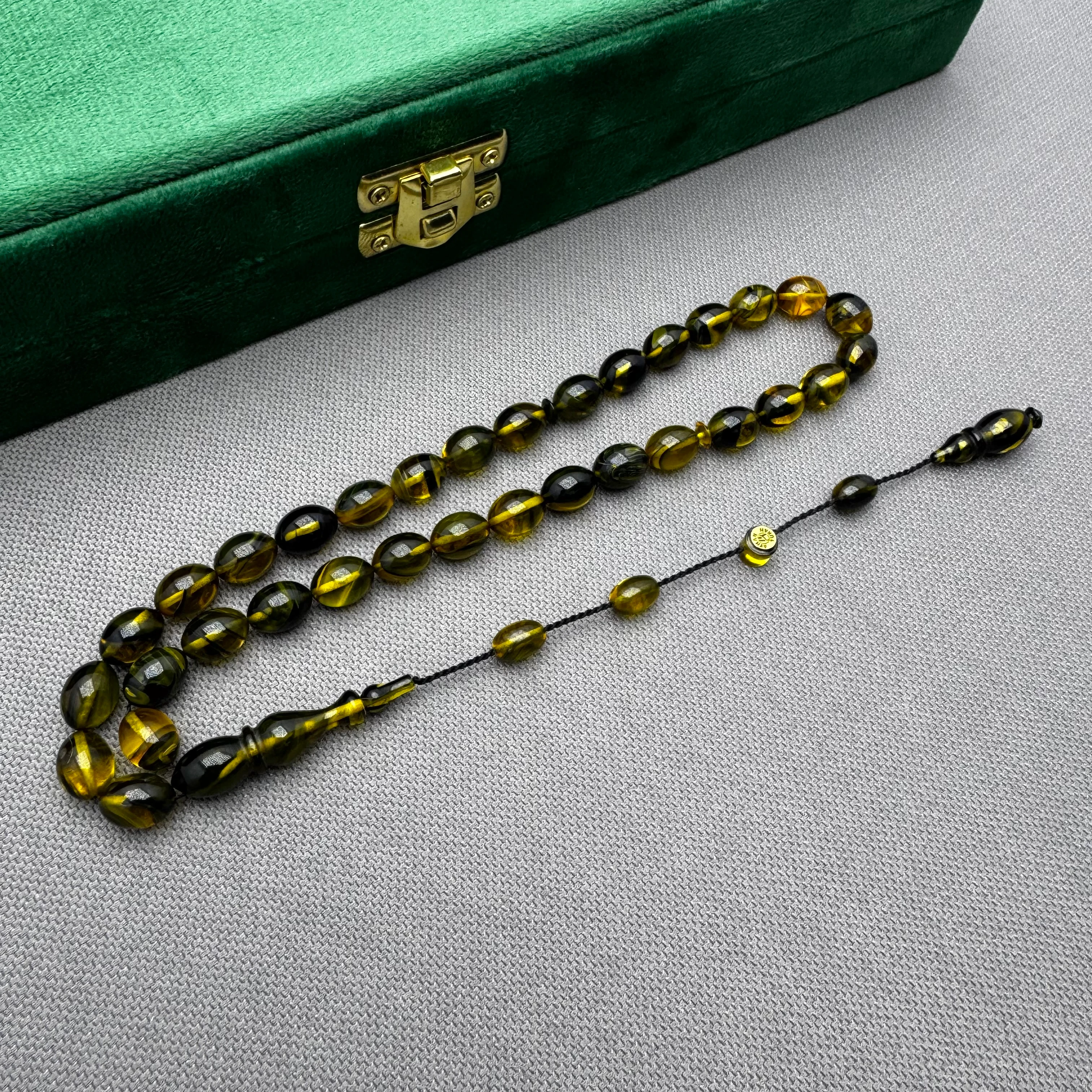 Ayhan TURAN Usta İşçilikli Haki Yoğun Hareli Beyzi Kesim Ateş Kehribar Tespih