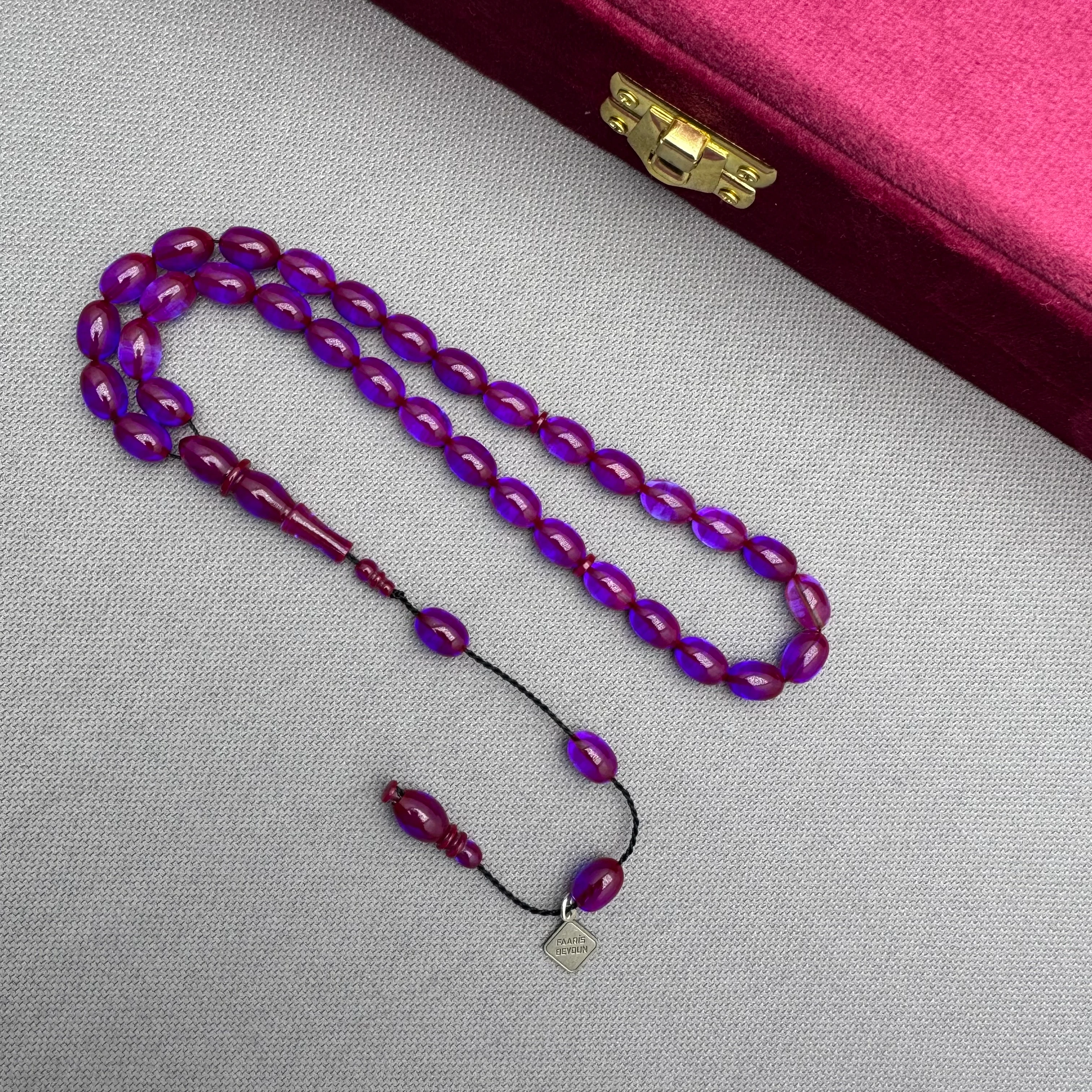 Faaris BEYDUN Bordo Mavi Özel Döküm Renk Beyzi Kesim Ateş Kehribar Tespih