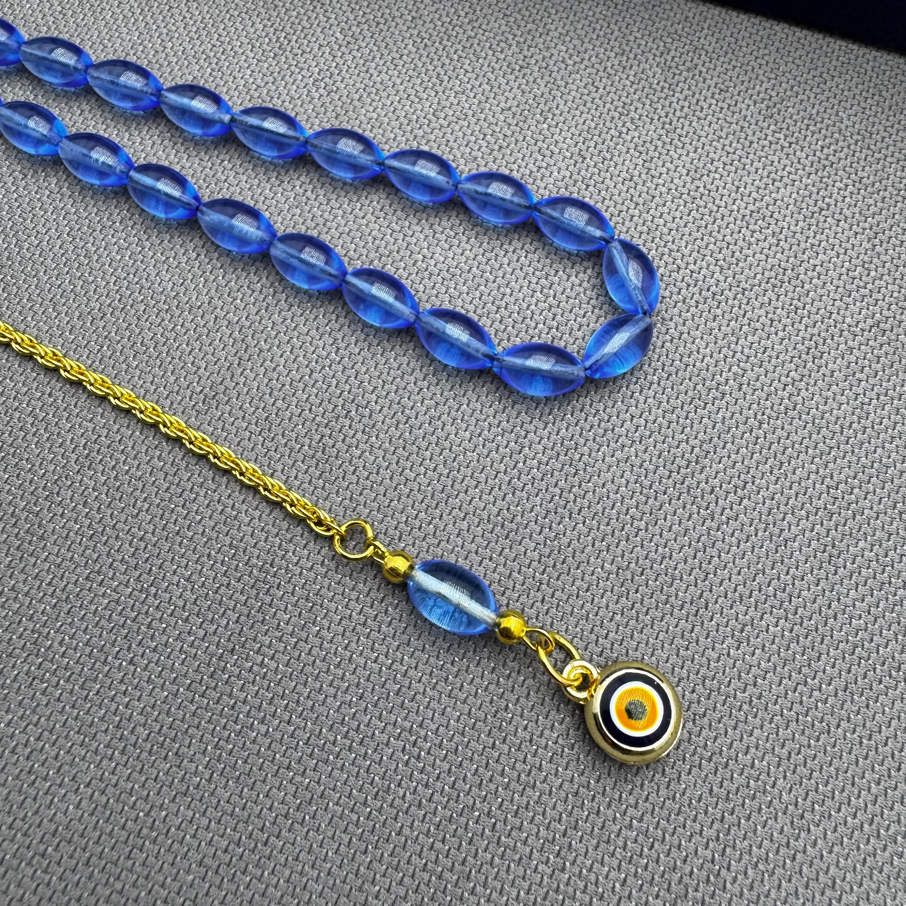 Nazar Boncuğu Detaylı Pirinç Püsküllü Bilek Boy Mavi Uçak Camı Tespih