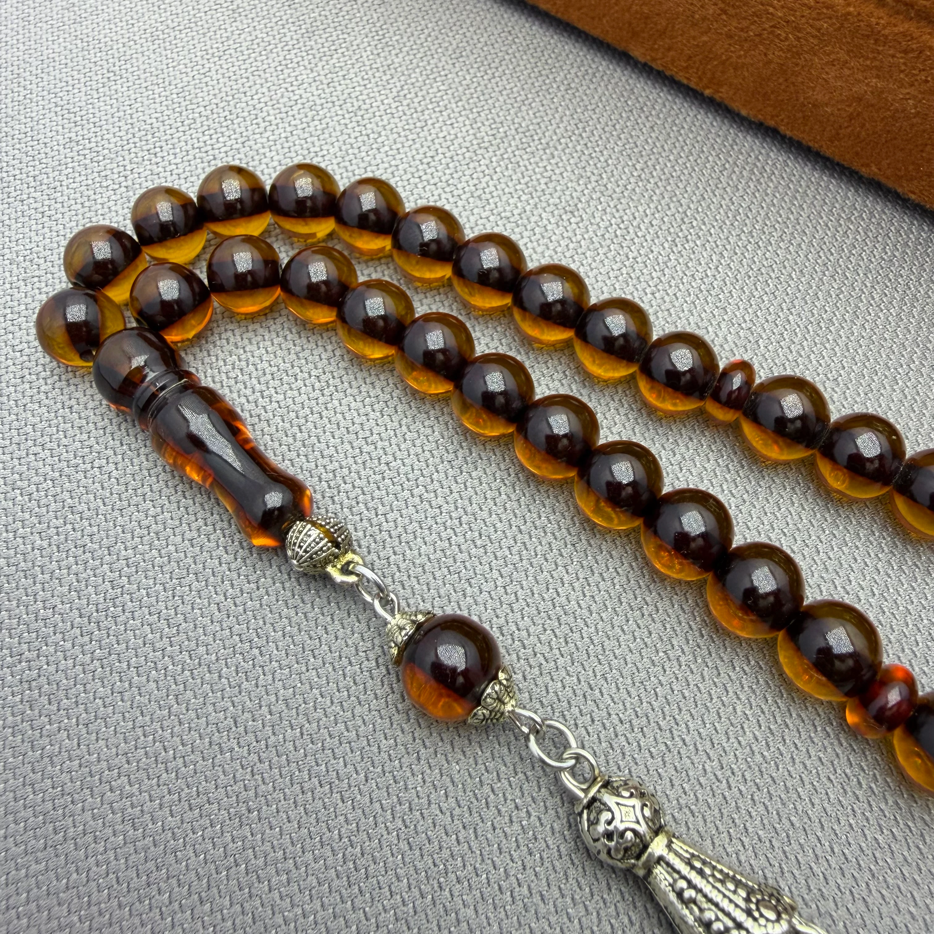 Osmanlı Ateş Benzetme Tekerlek Kesim Alpaka Püsküllü Karamel Kahve Ateş Kehribar Tespih 