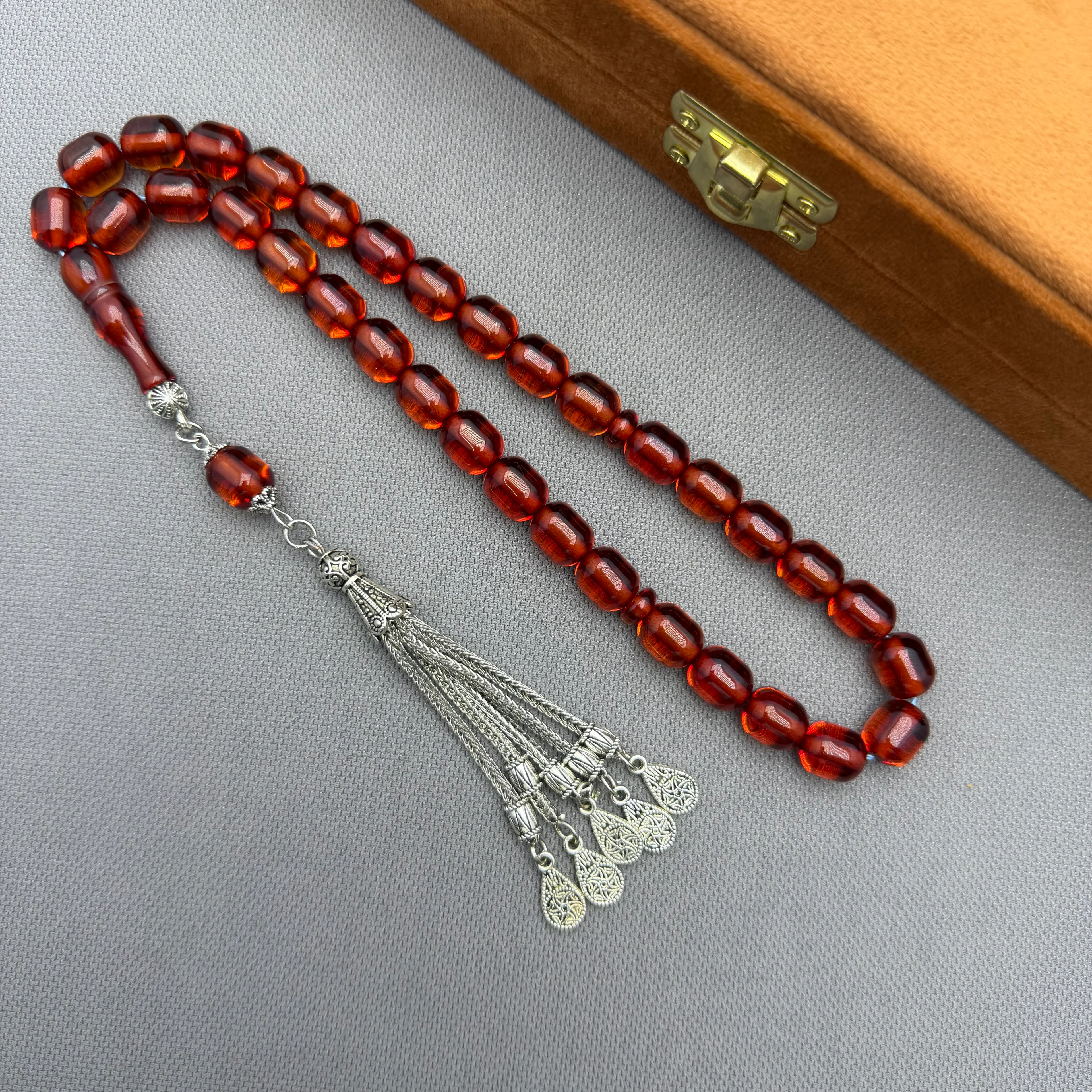 Beş Sallantılı Alpaka Püsküllü Bal Rengi Ateş Kehribar Tespih