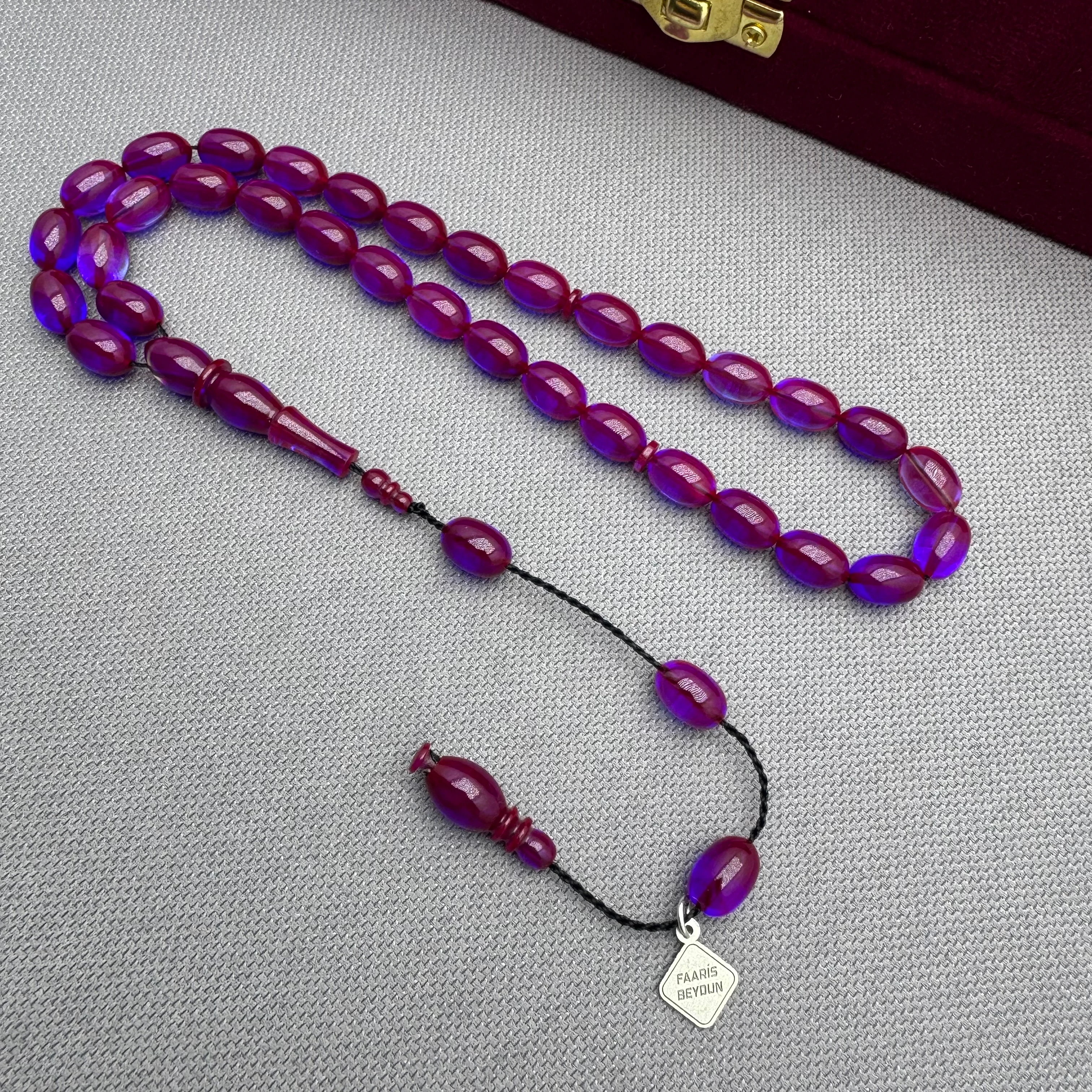 Faaris BEYDUN Bordo Mavi Özel Döküm Renk Beyzi Kesim Ateş Kehribar Tespih