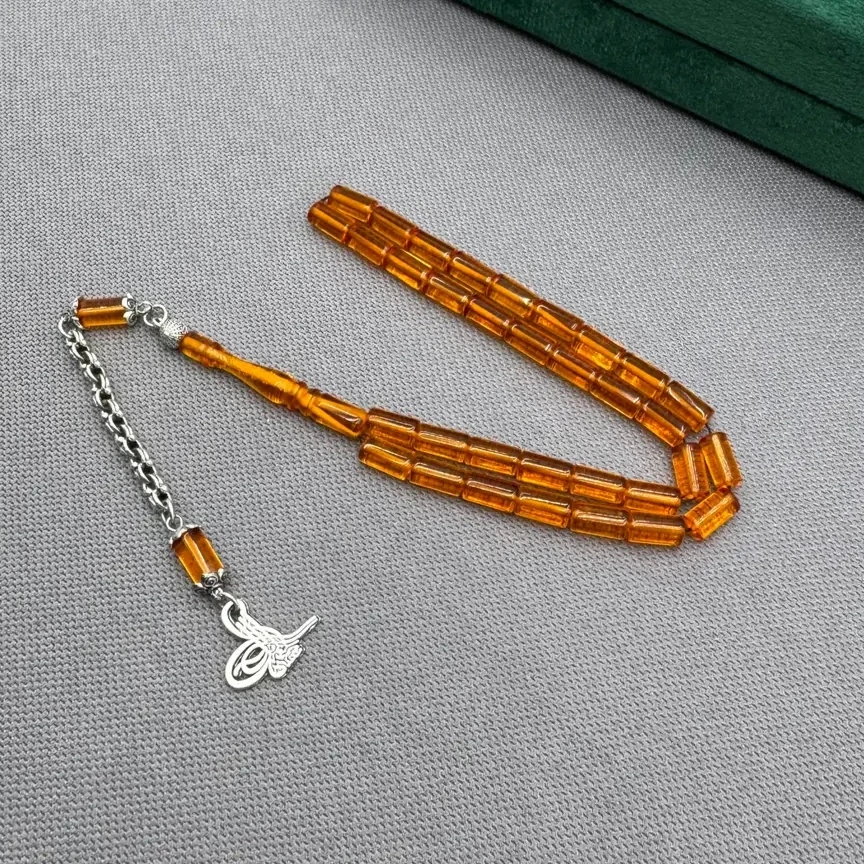 Alpaka Püsküllü Turuncu Kesme Model Kehribar Tespih