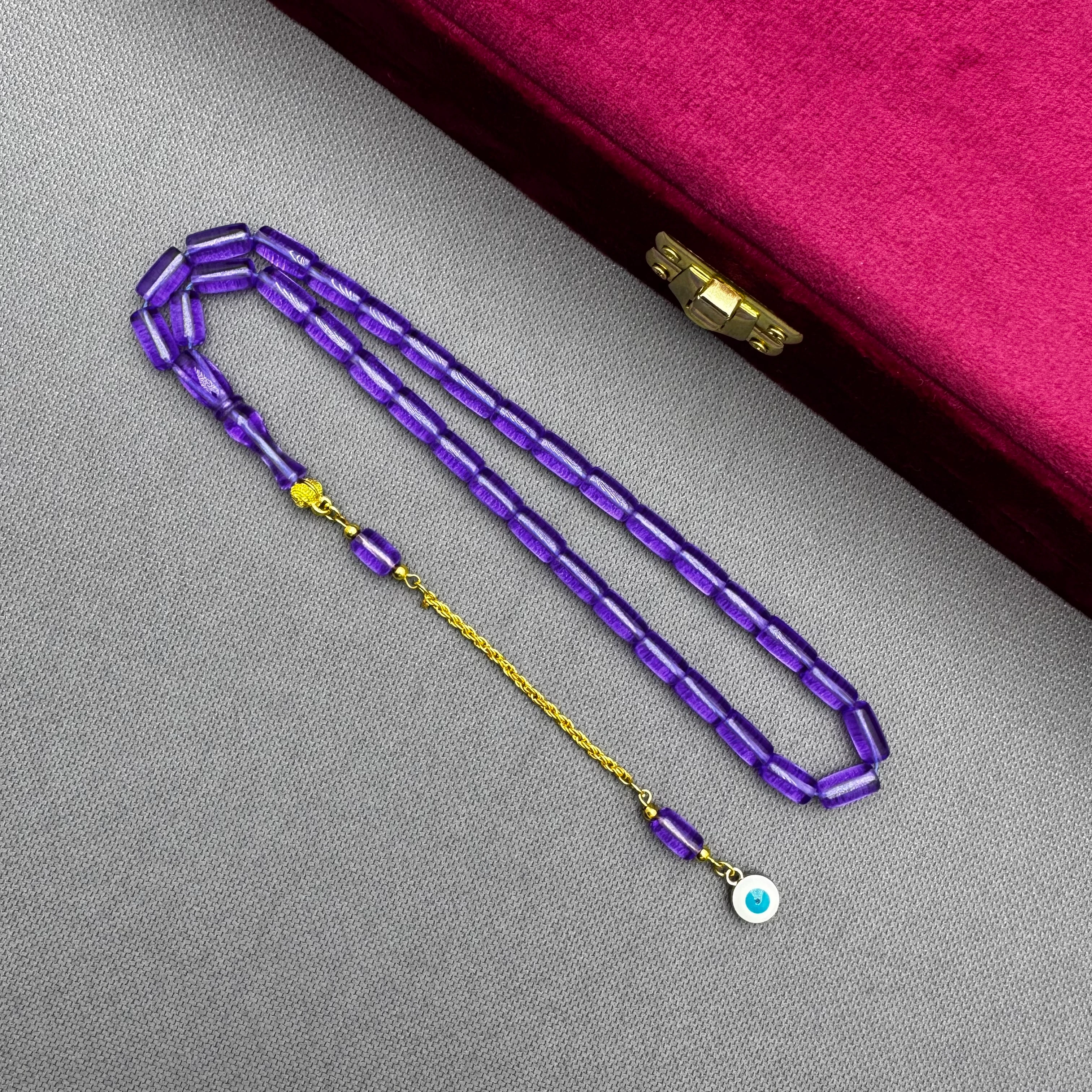 Nazar Boncuğu Detaylı Pirinç Püsküllü Bilek Boy Kapsül Kesim Lila Rengi Uçak Camı Tespih