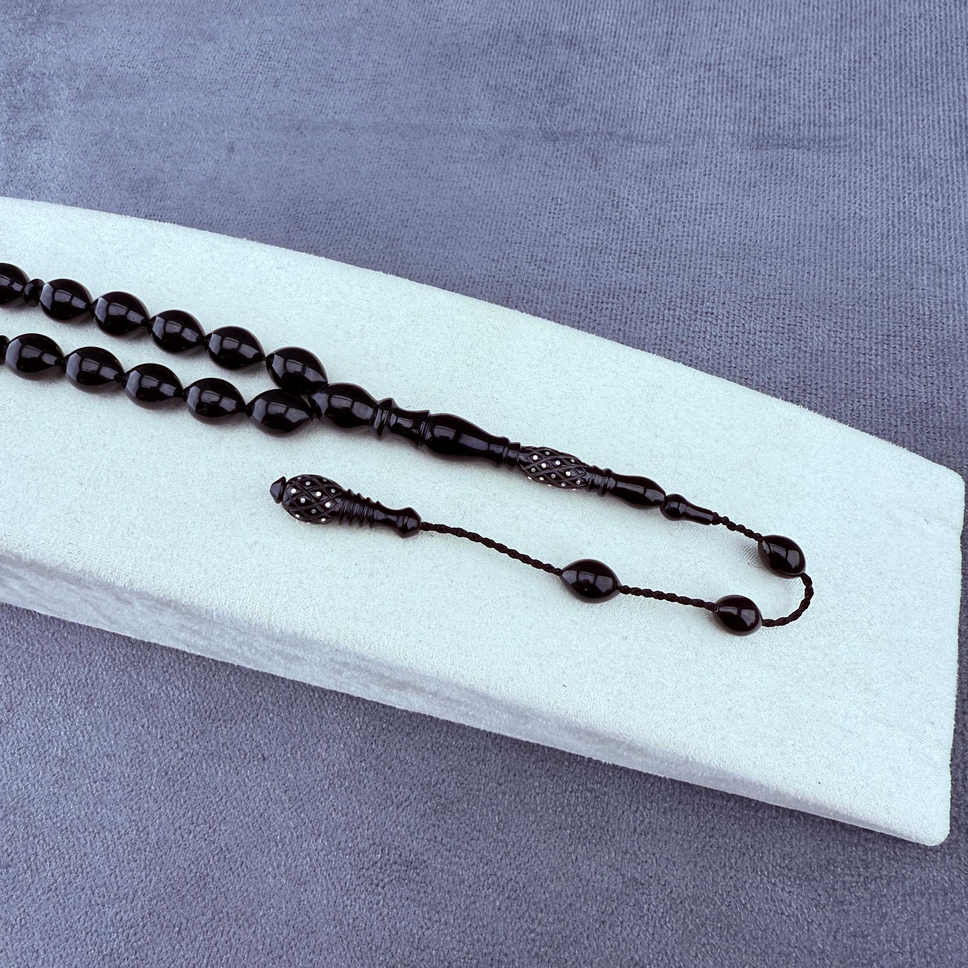 Usta İşçilikli Gümüş ve Nakkaş İmameli Has Oltu Taşı Tespih