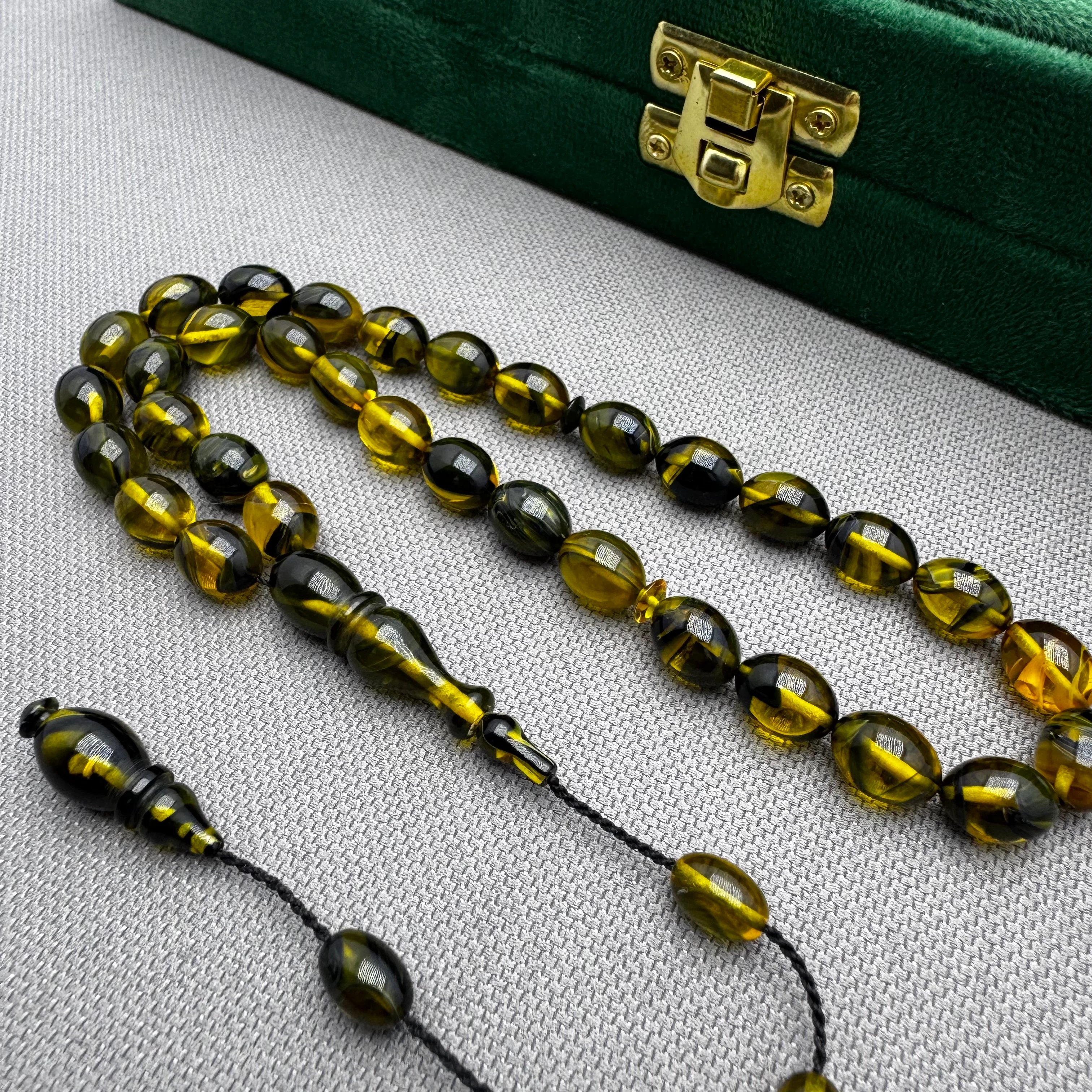 Ayhan TURAN Usta İşçilikli Haki Yoğun Hareli Beyzi Kesim Ateş Kehribar Tespih