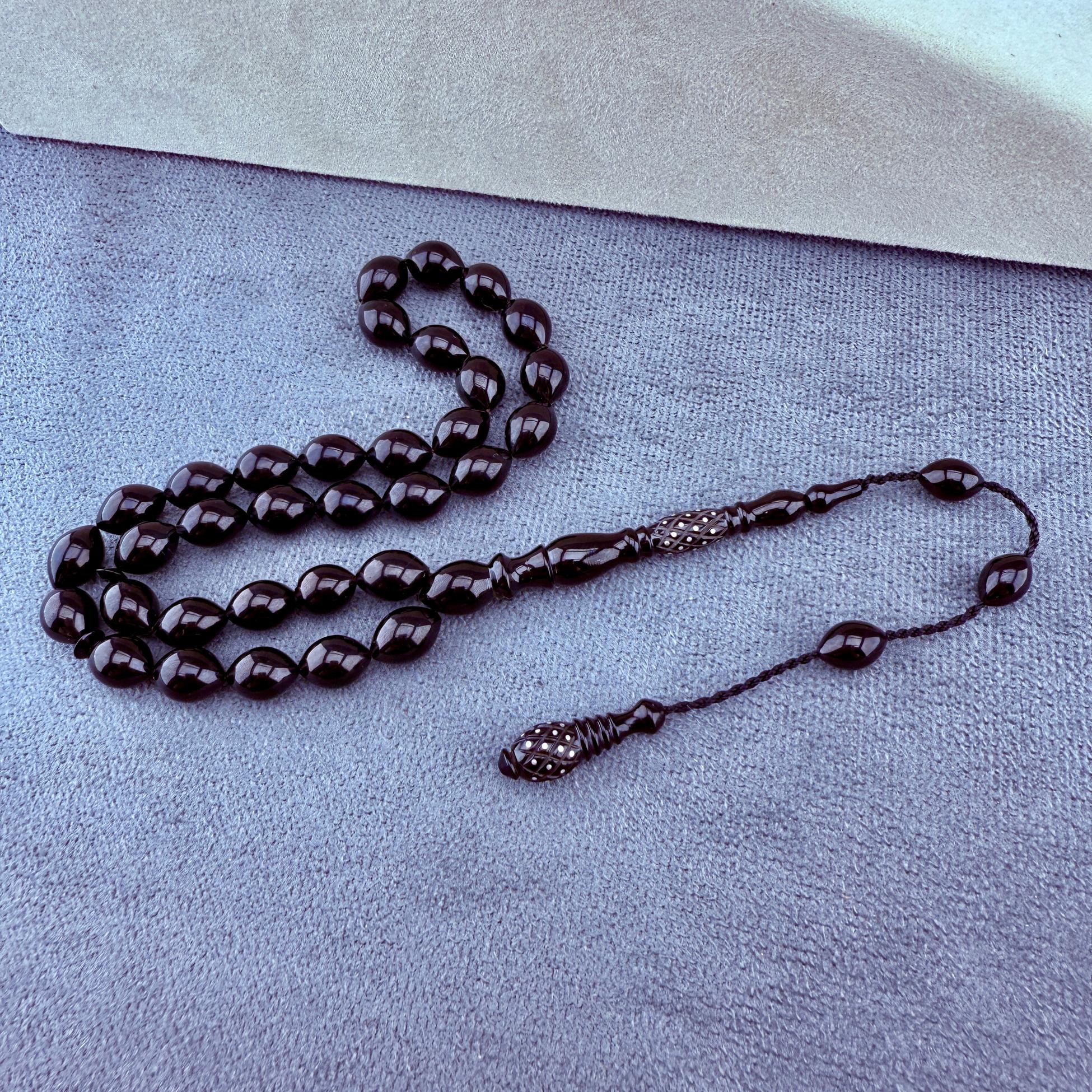 Usta İşçilikli Gümüş ve Nakkaş İmameli Has Oltu Taşı Tespih