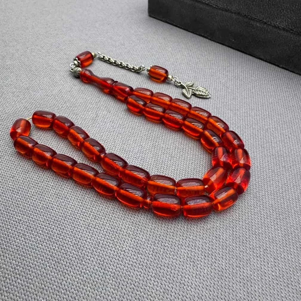 Alpaka Püsküllü Kırmızı Ateş Kehribar Tespih