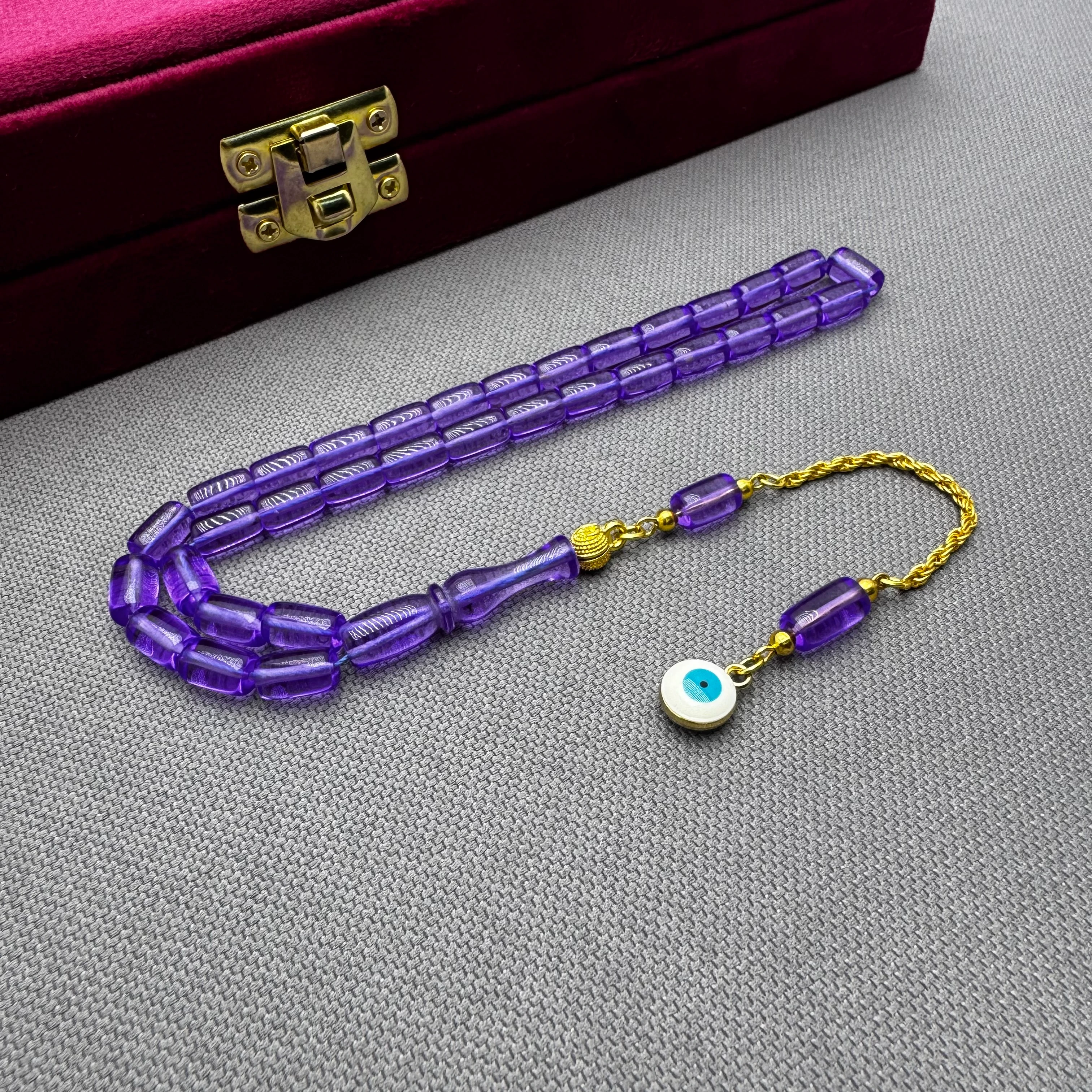 Nazar Boncuğu Detaylı Pirinç Püsküllü Bilek Boy Kapsül Kesim Mor Uçak Camı Tespih