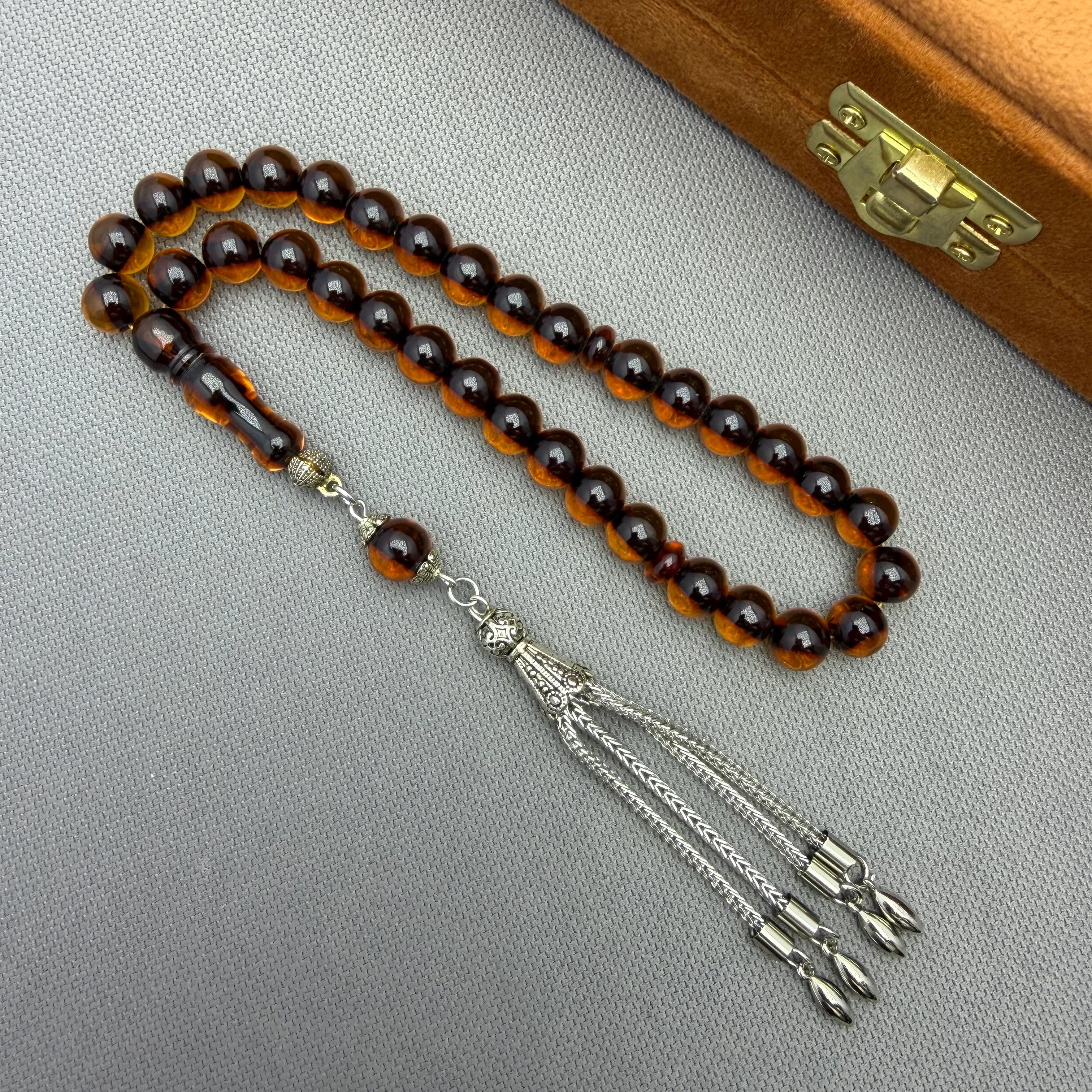 Osmanlı Ateş Benzetme Tekerlek Kesim Alpaka Püsküllü Karamel Kahve Ateş Kehribar Tespih 