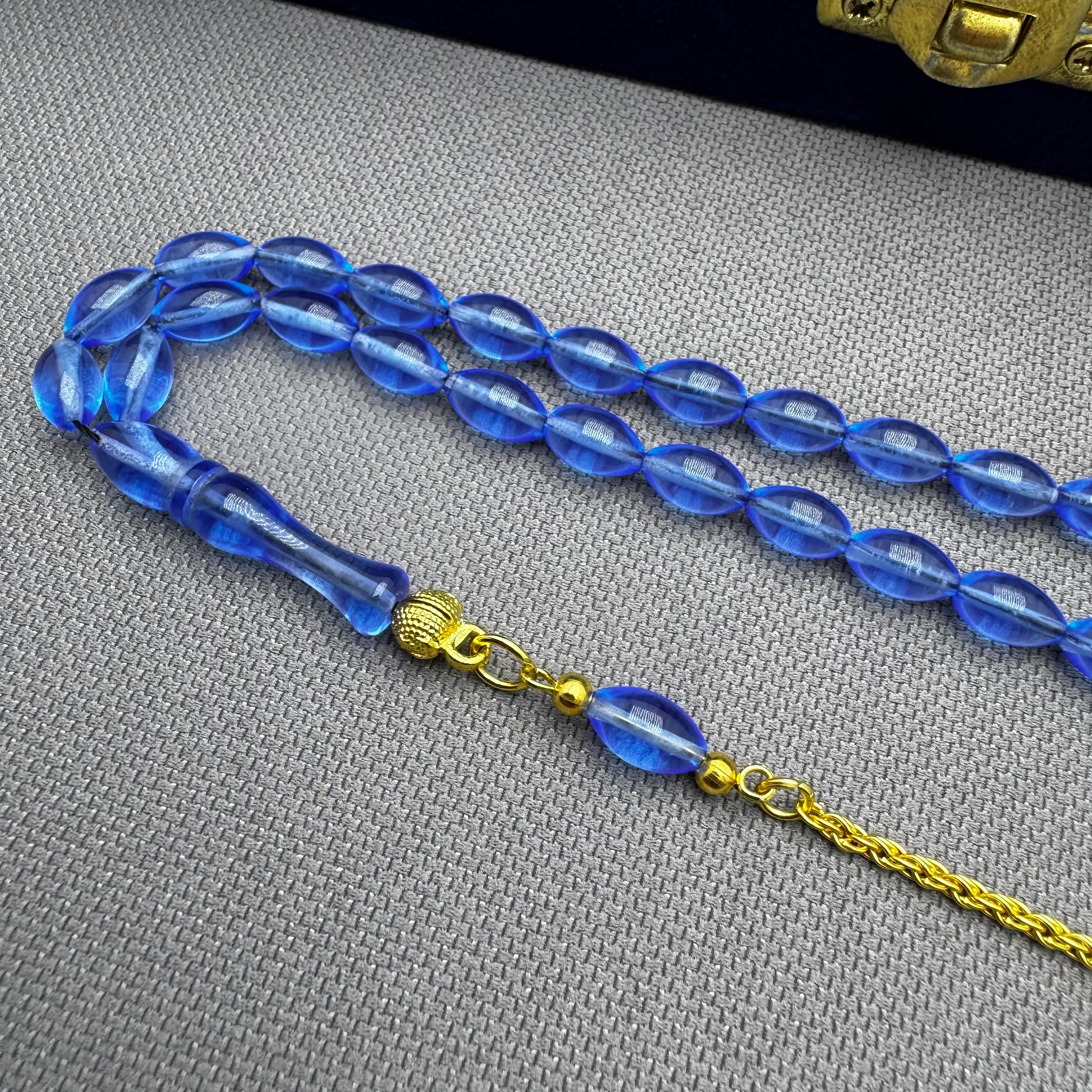 Nazar Boncuğu Detaylı Pirinç Püsküllü Bilek Boy Mavi Uçak Camı Tespih