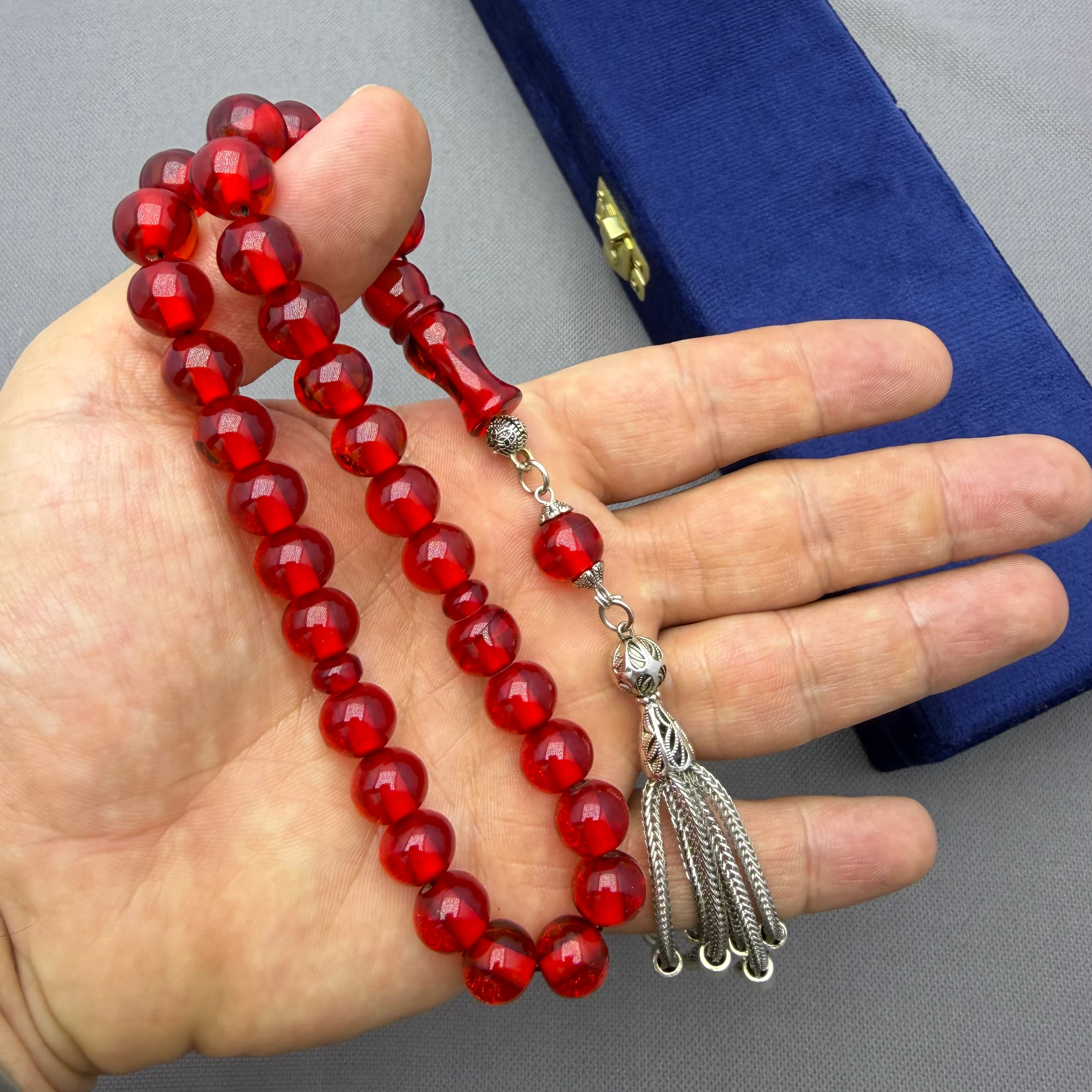 Alpaka Püsküllü Altı Sallantılı Küre Kesim Ateş Kırmızı Ateş Kehribar Tespih