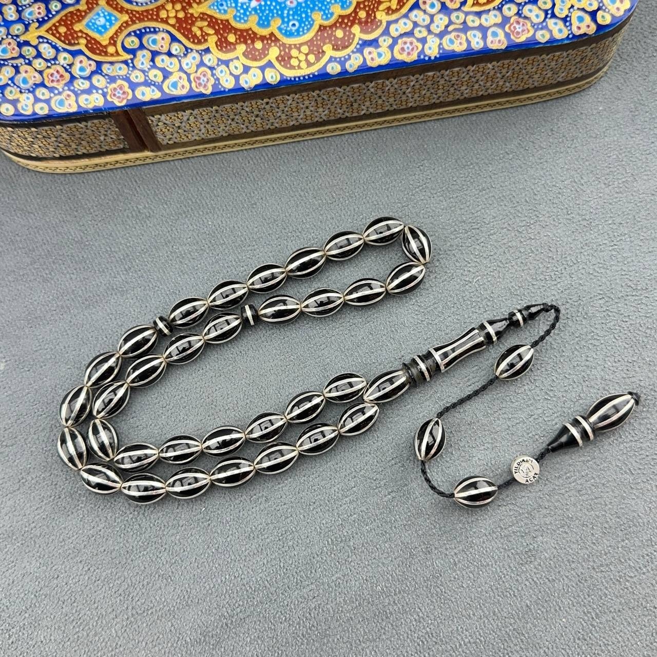 Yıldırım ACAR Usta İşçilikli Kalın Gümüş Mikron Çakımlı Orjinal Oltu Taşı Tespih