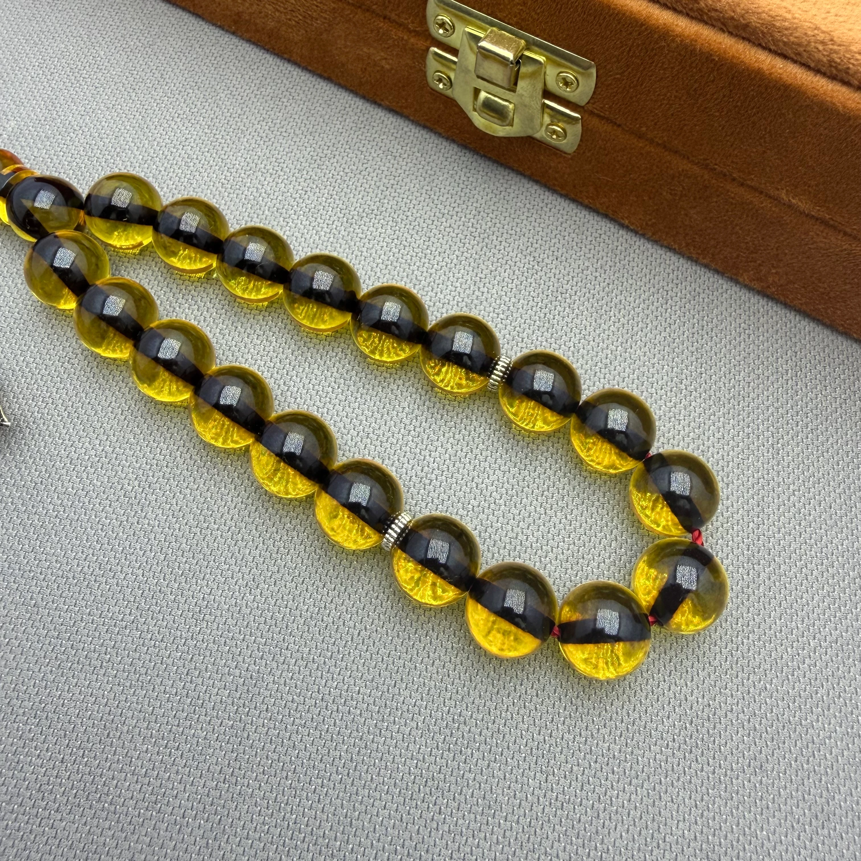 Zeyzun Usta İşçilikli Bal Rengi Küre Kesim Sıkma Kehribar Tespih