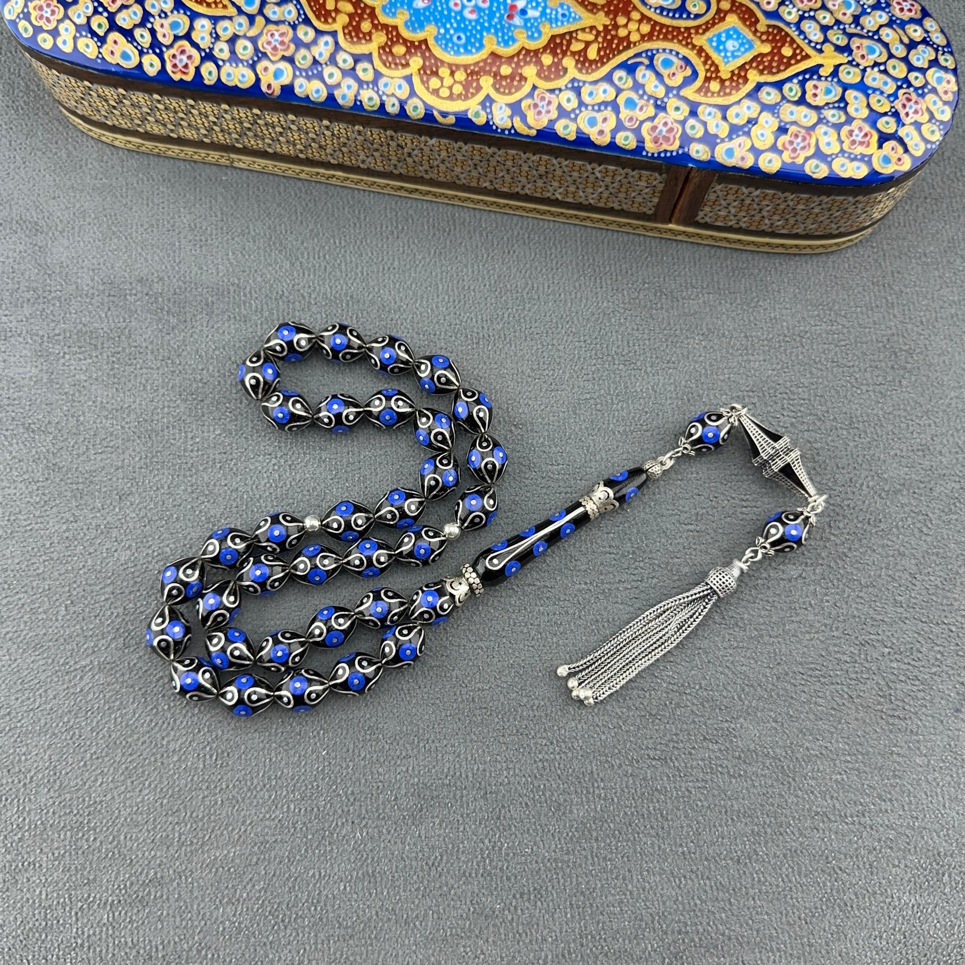 Türker KIZILELMA Usta İşçilikli Sax Mavi Firuze İşlemeli Orjinal Oltu Taşı Tespih