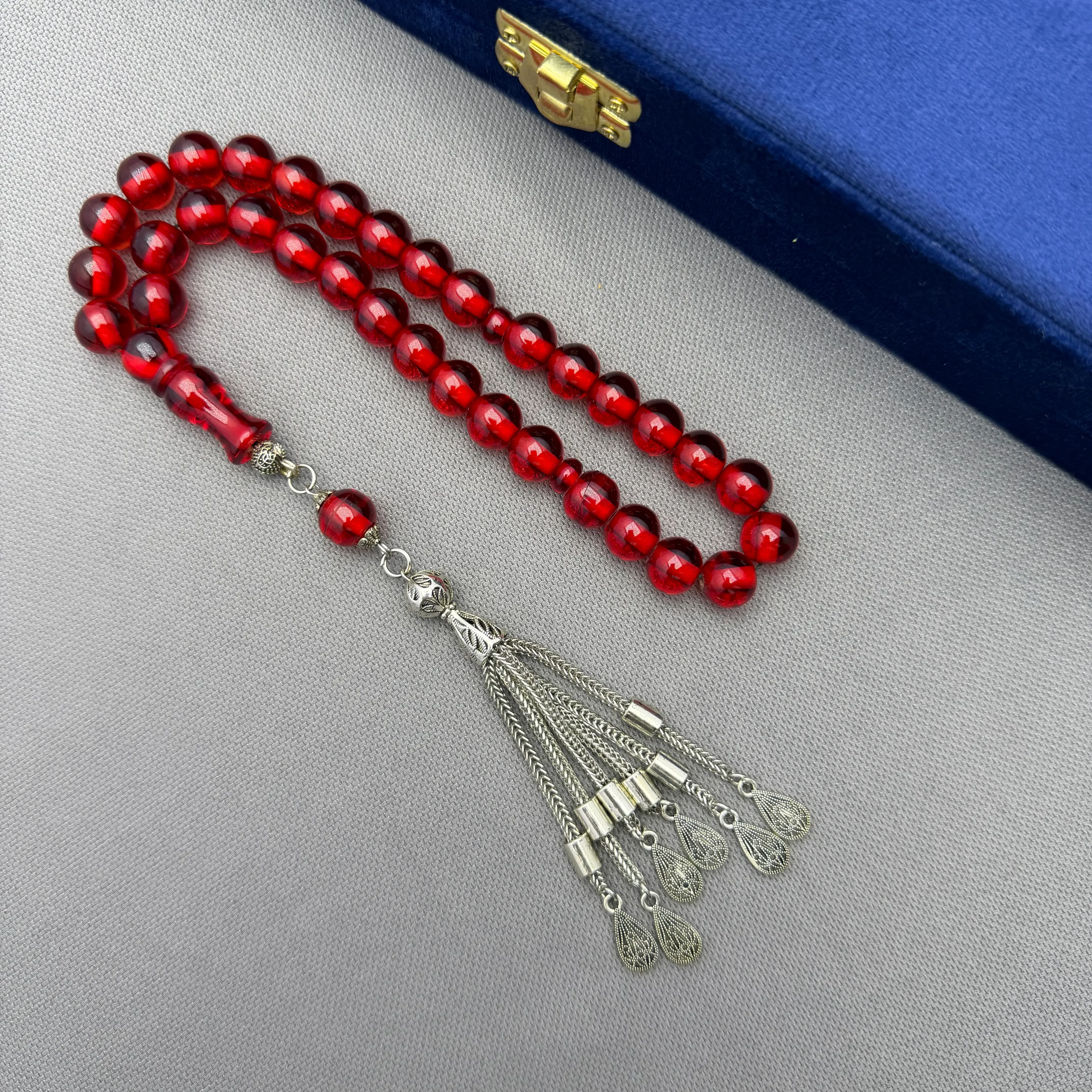 Alpaka Püsküllü Altı Sallantılı Küre Kesim Ateş Kırmızı Ateş Kehribar Tespih