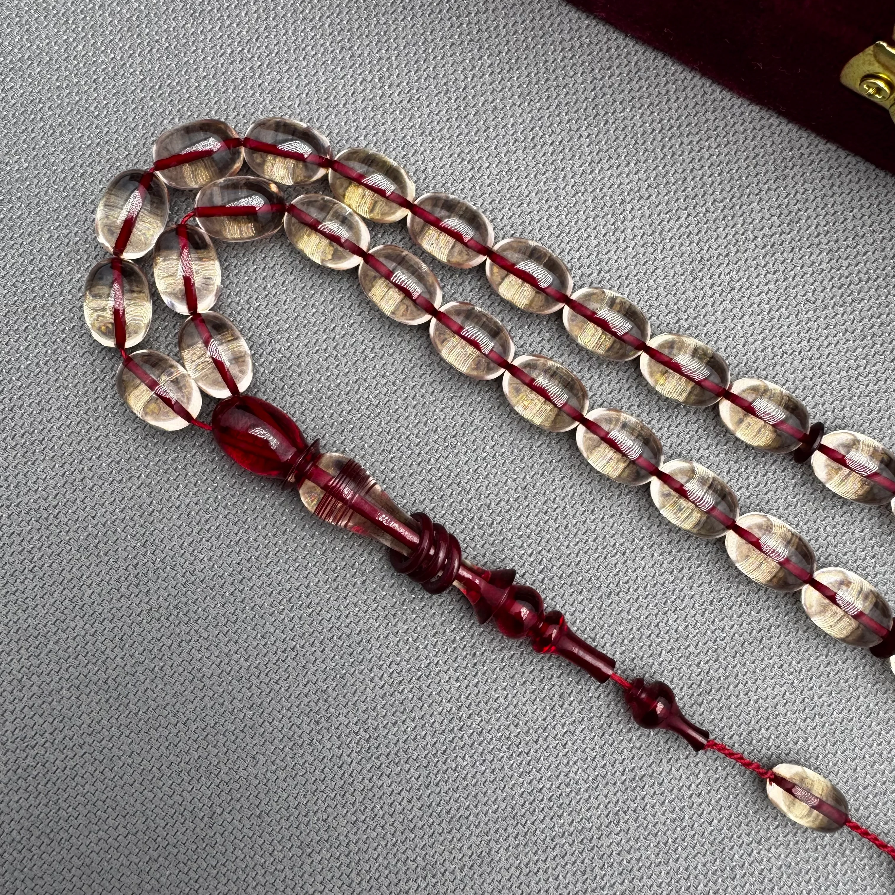 Emine REŞVANİ Usta İşçilikli Şeffaf İp Yolları Kırmızı Halkalı İmame Özel Tasarım Ateş Kehribar Tespih