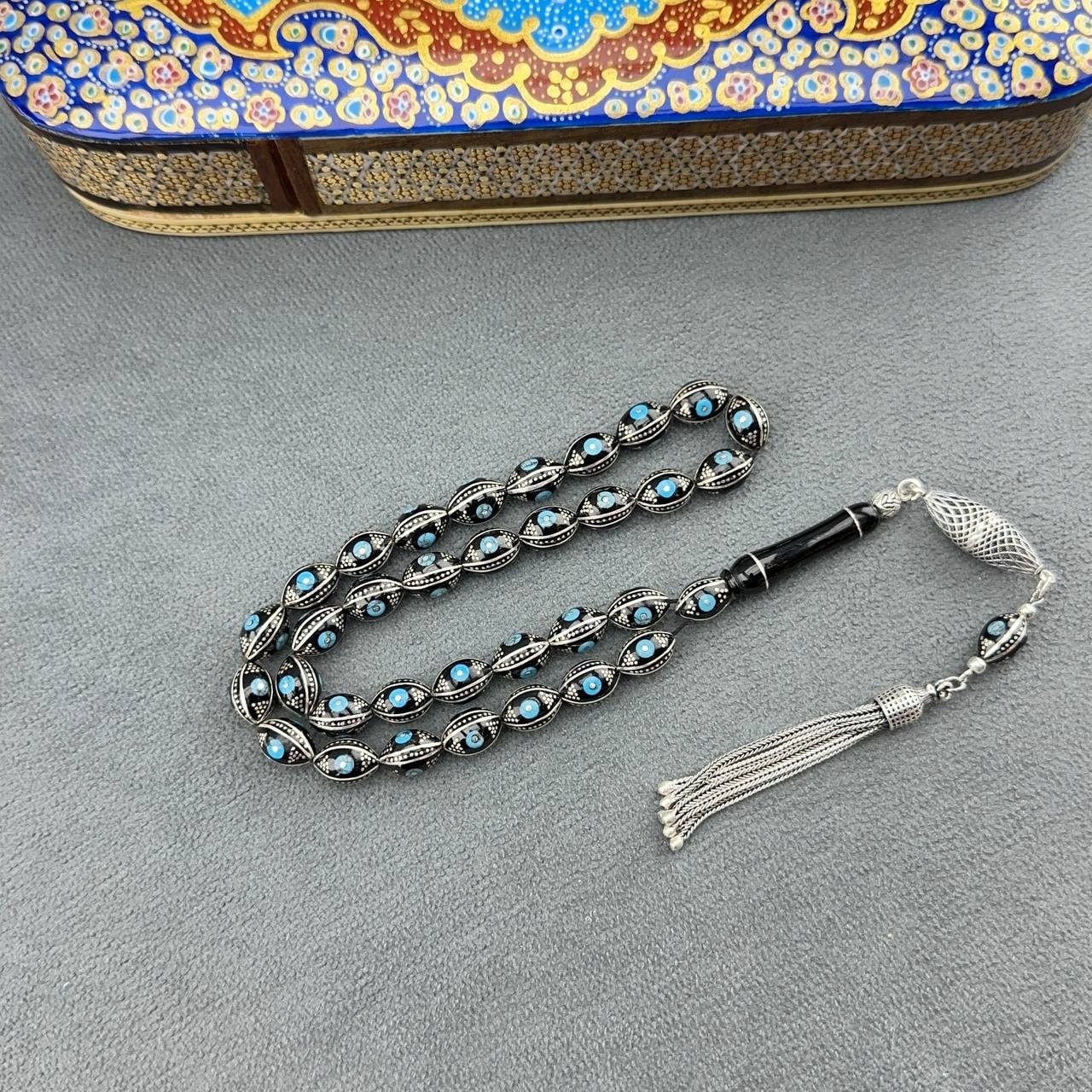 Türker KIZILELMA Usta İşçilikli Özel Firuze İşlemeli Orjinal Oltu Taşı Tespih