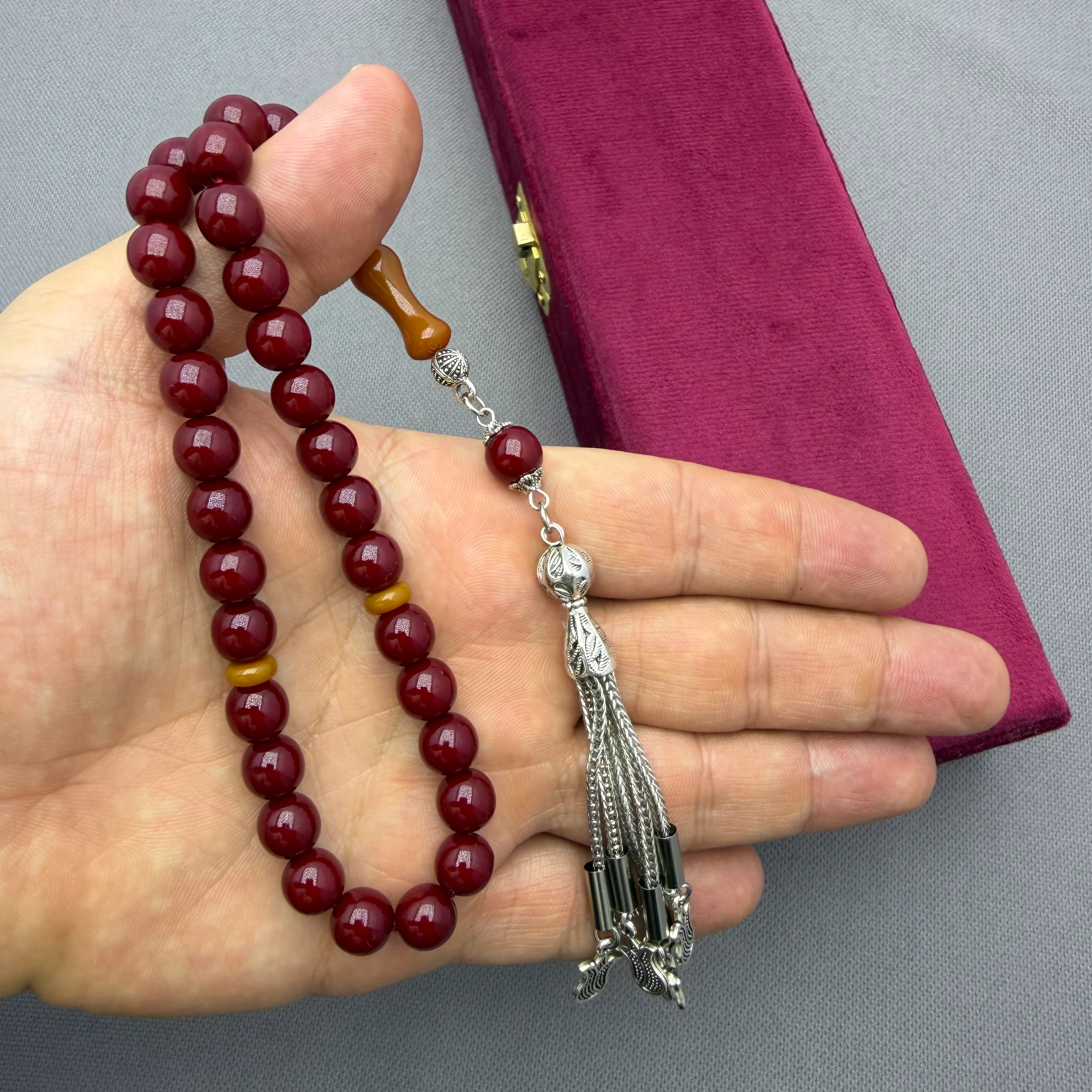 Kolye Dizayn Vişne Osmanlı Benzetme Küre Kesim Alpaka Püsküllü Sıkma Kehribar Tespih