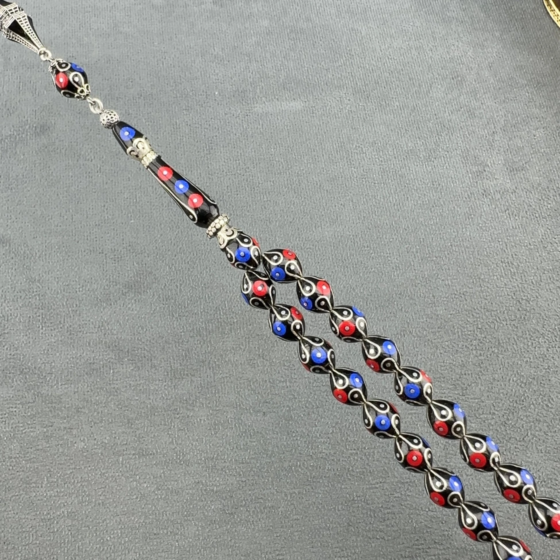 Türker KIZILELMA Usta İşçilikli Mercan ve Firuze İşlemeli Bordo Mavi Özel Çalışma Orjinal Erzurum Oltu Taşı Tespih