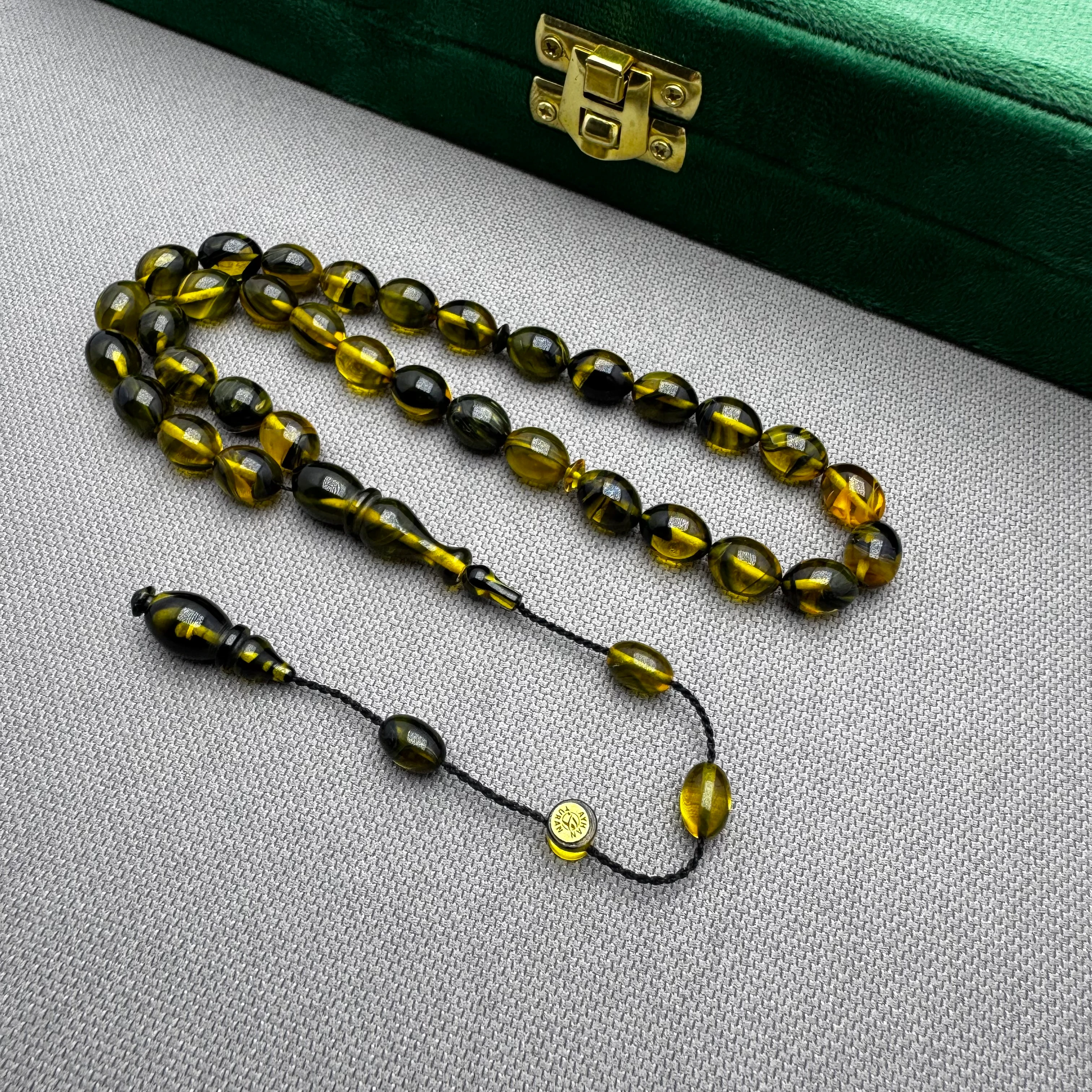 Ayhan TURAN Usta İşçilikli Haki Yoğun Hareli Beyzi Kesim Ateş Kehribar Tespih