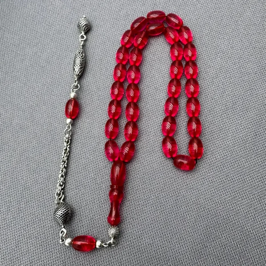 Alpaka Püsküllü Pembe Ateş Kehribar Tespih