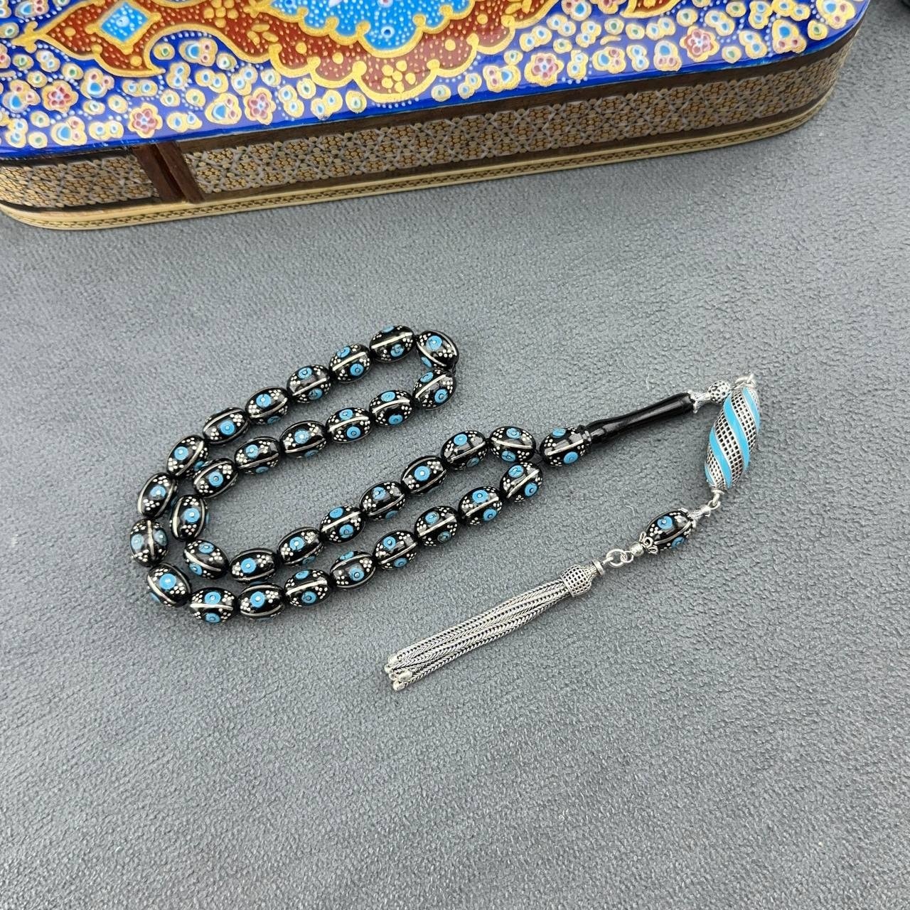 Türker KIZILELMA Usta İşçilikli 925 Ayar Gümüş Püsküllü Firuze İşlemeli Orjinal Oltu Taşı Tesbih