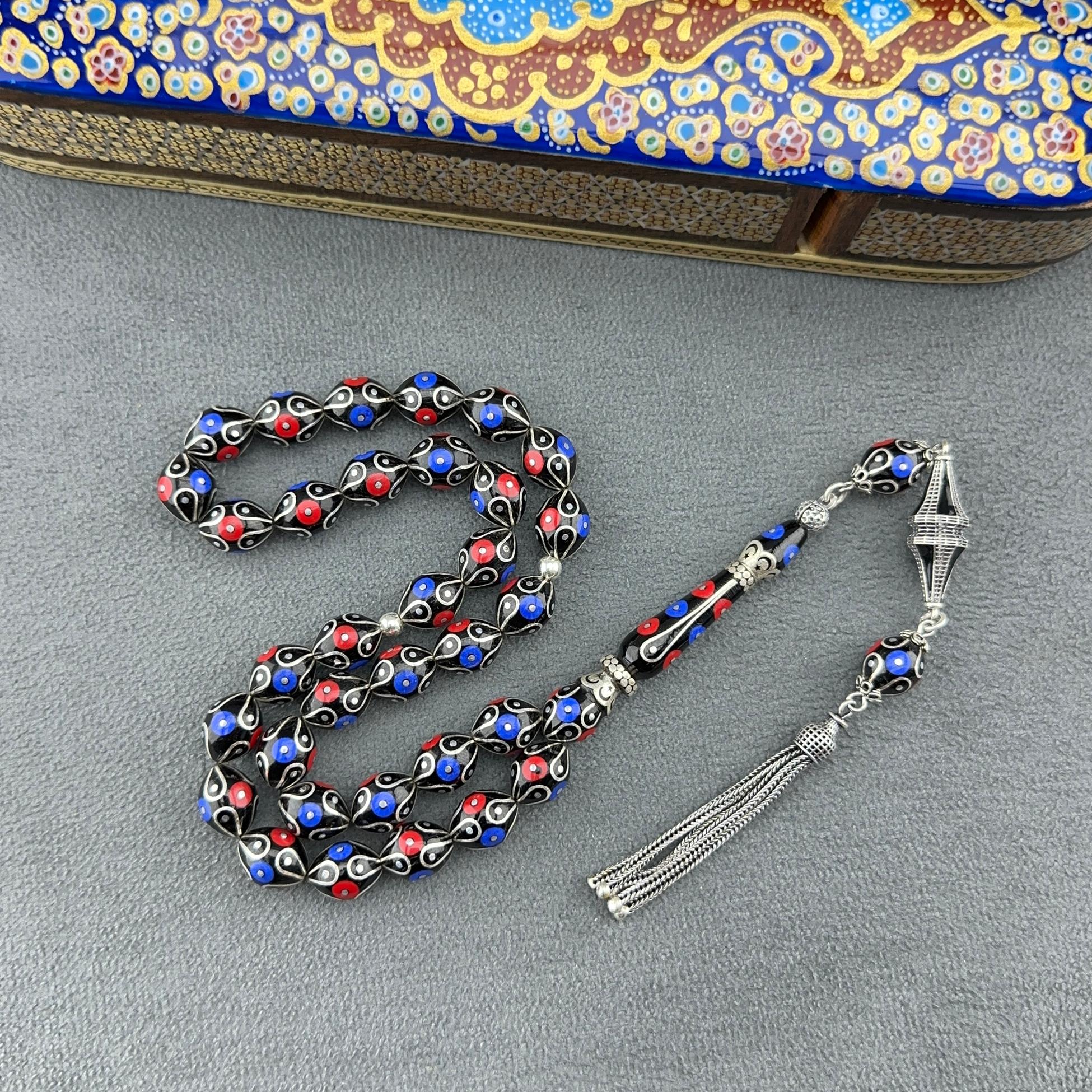 Türker KIZILELMA Usta İşçilikli Mercan ve Firuze İşlemeli Bordo Mavi Özel Çalışma Orjinal Erzurum Oltu Taşı Tespih