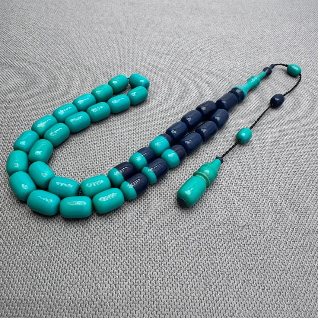 Usta İşçilikli Turkuaz Sıkma Çift Renk Kehribar Tespih